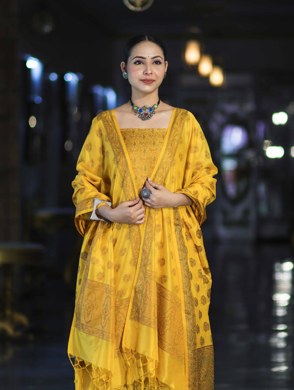 Banarasee Semi Katan Jamewar Weaving Salwar Kameez Fabric With Dupatta Set-Yellow