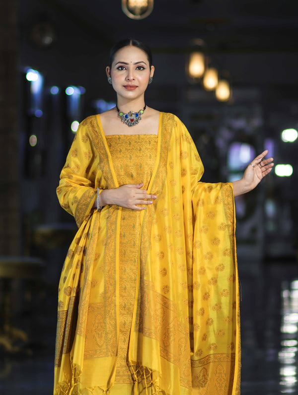 Banarasee Semi Katan Jamewar Weaving Salwar Kameez Fabric With Dupatta Set-Yellow