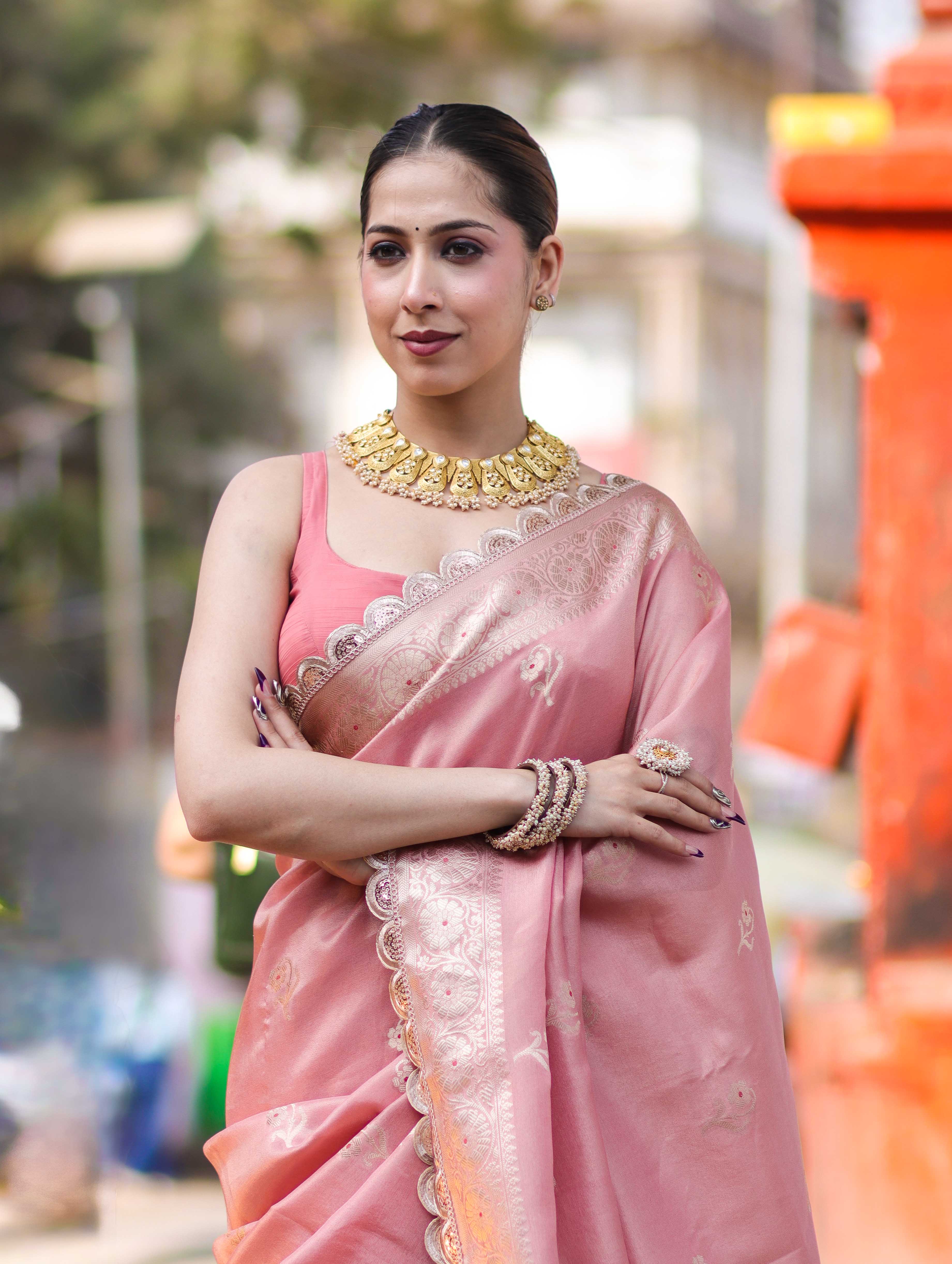 Banarasee Handloom Tissue Saree With Zari Buta Design Border & Lace-Peach