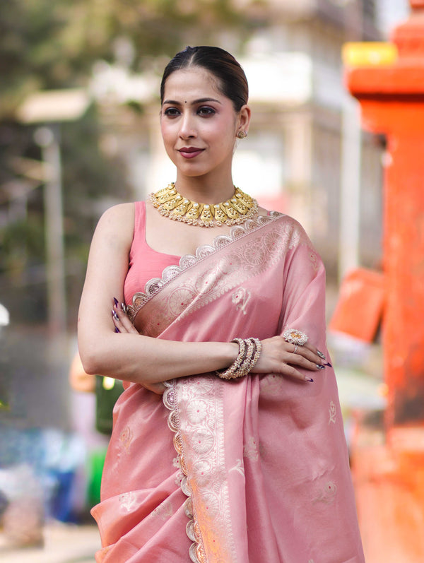 Banarasee Handloom Tissue Saree With Zari Buta Design Border & Lace-Peach