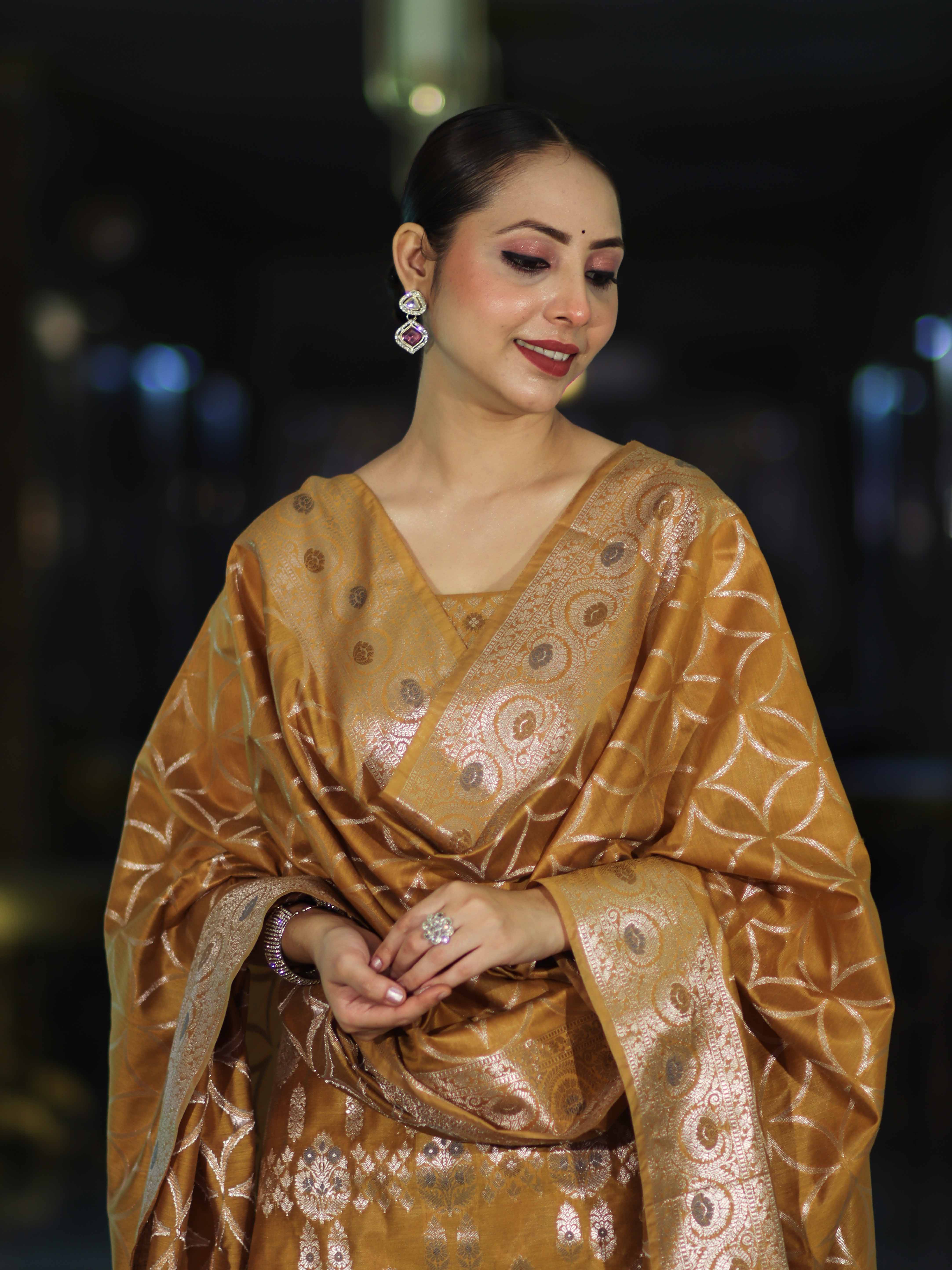 Banarasee Cotton Silk Zari Work Salwar Kameez Fabric With Dupatta Set-Mustard Yellow
