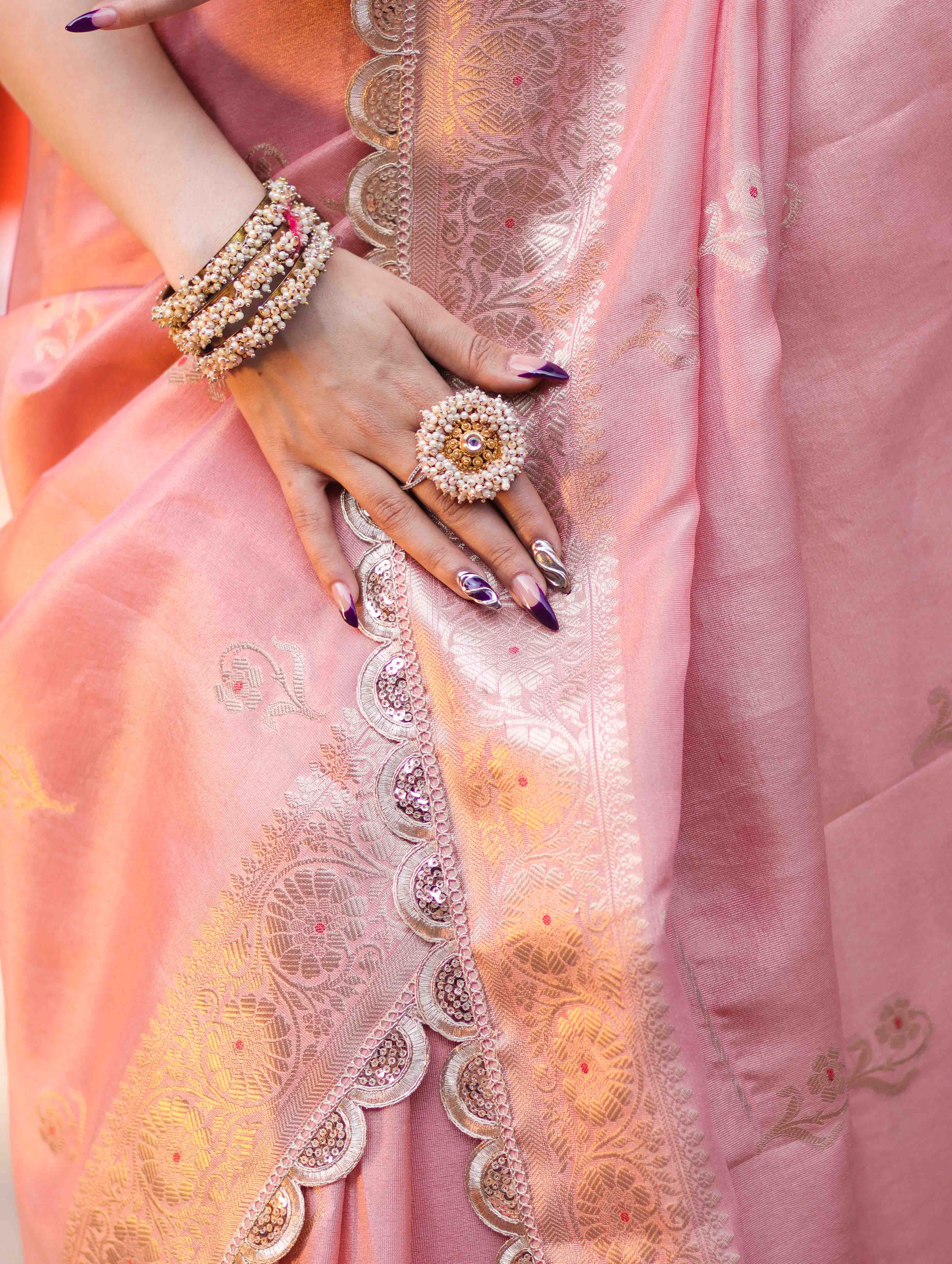Banarasee Handloom Tissue Saree With Zari Buta Design Border & Lace-Peach