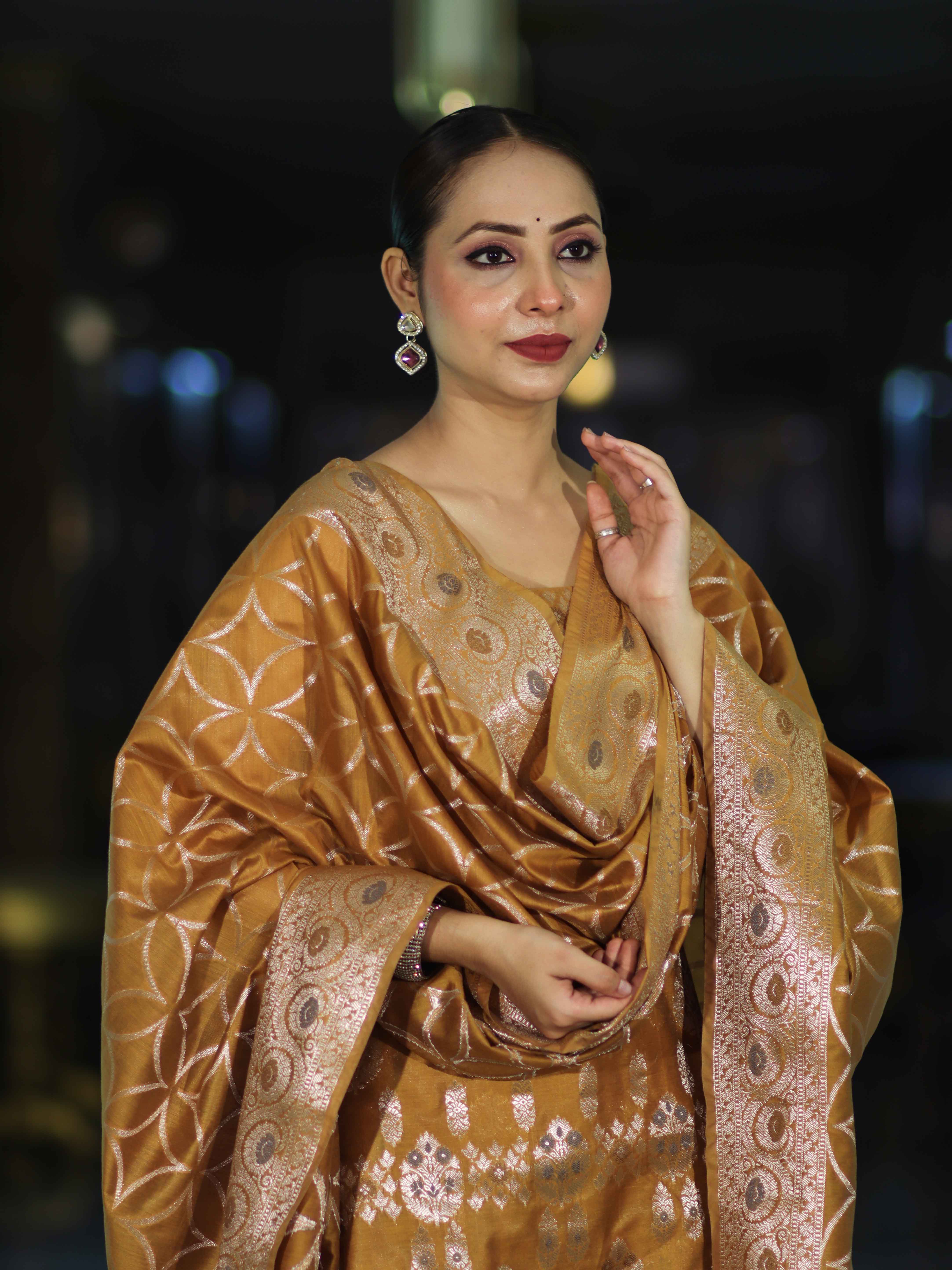 Banarasee Cotton Silk Zari Work Salwar Kameez Fabric With Dupatta Set-Mustard Yellow