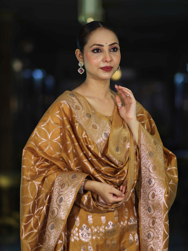 Banarasee Cotton Silk Zari Work Salwar Kameez Fabric With Dupatta Set-Mustard Yellow