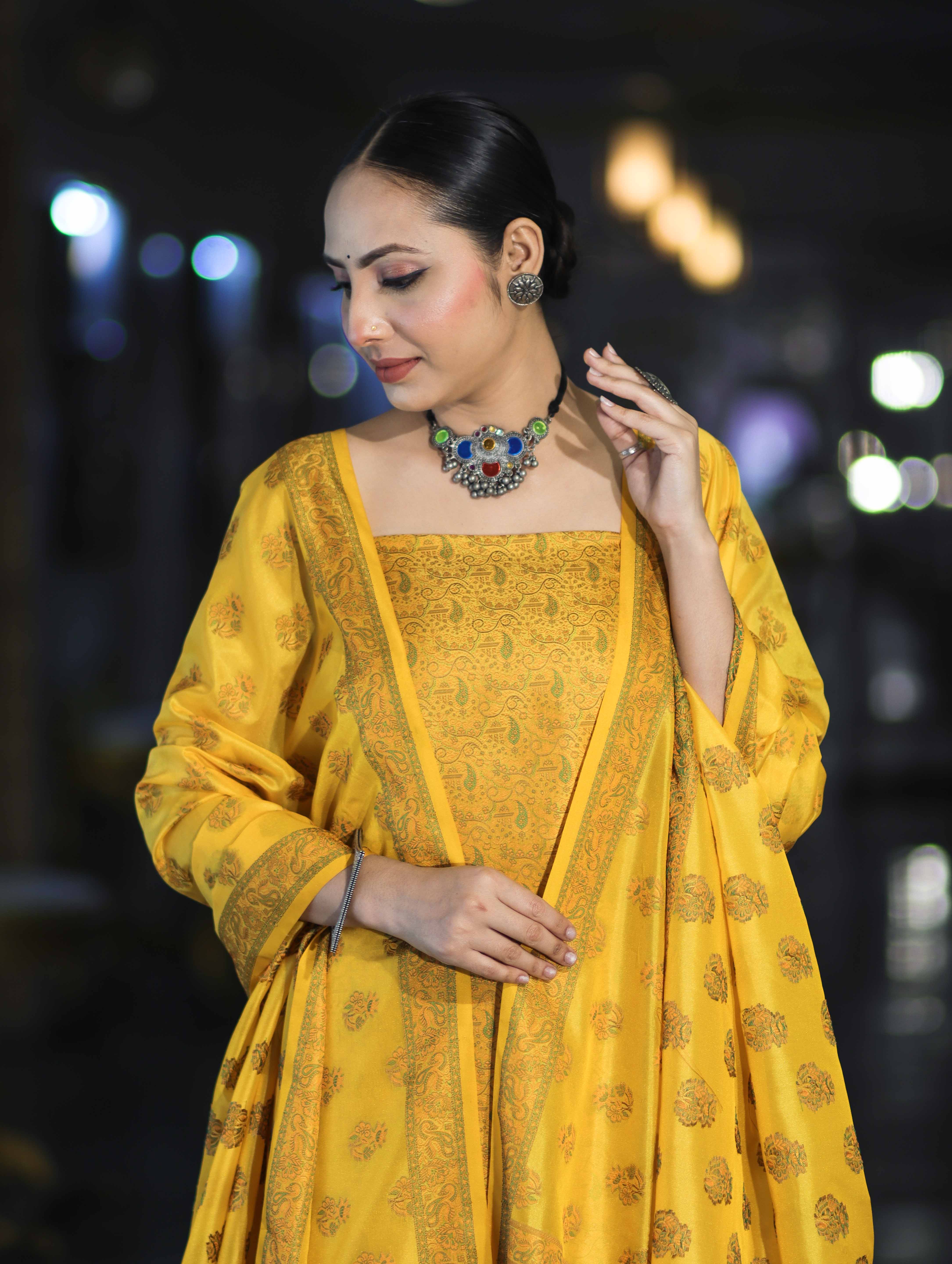 Banarasee Semi Katan Jamewar Weaving Salwar Kameez Fabric With Dupatta Set-Yellow