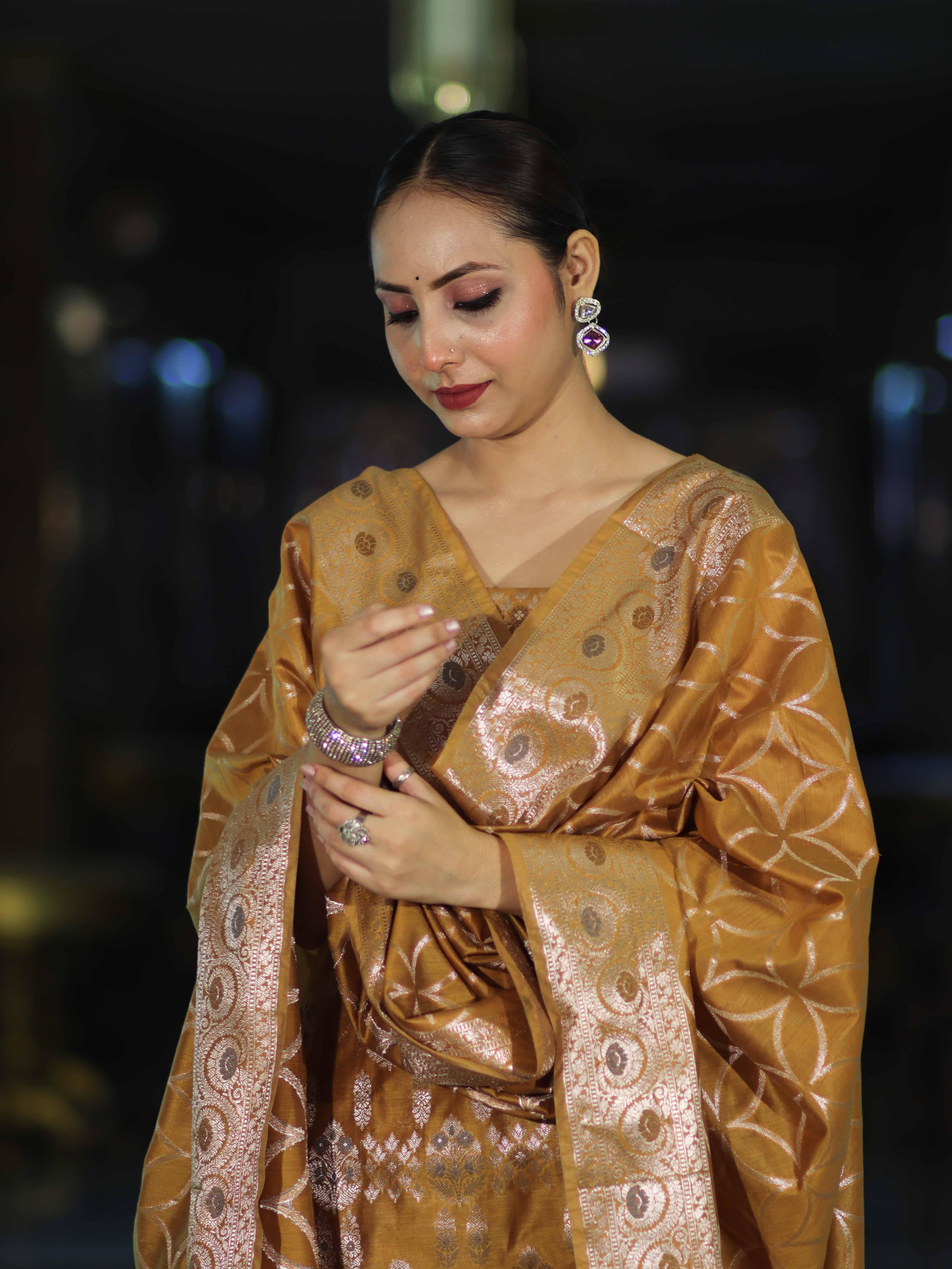 Banarasee Cotton Silk Zari Work Salwar Kameez Fabric With Dupatta Set-Mustard Yellow