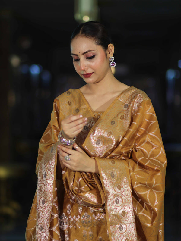 Banarasee Cotton Silk Zari Work Salwar Kameez Fabric With Dupatta Set-Mustard Yellow