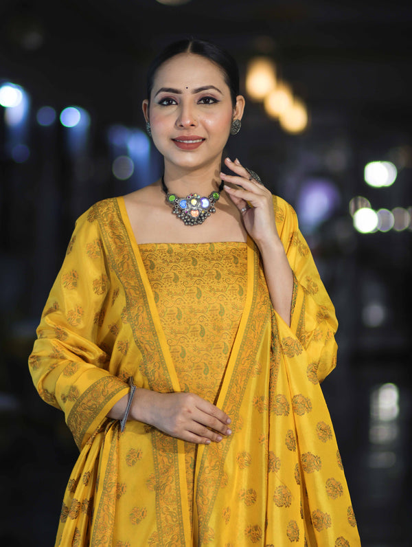 Banarasee Semi Katan Jamewar Weaving Salwar Kameez Fabric With Dupatta Set-Yellow