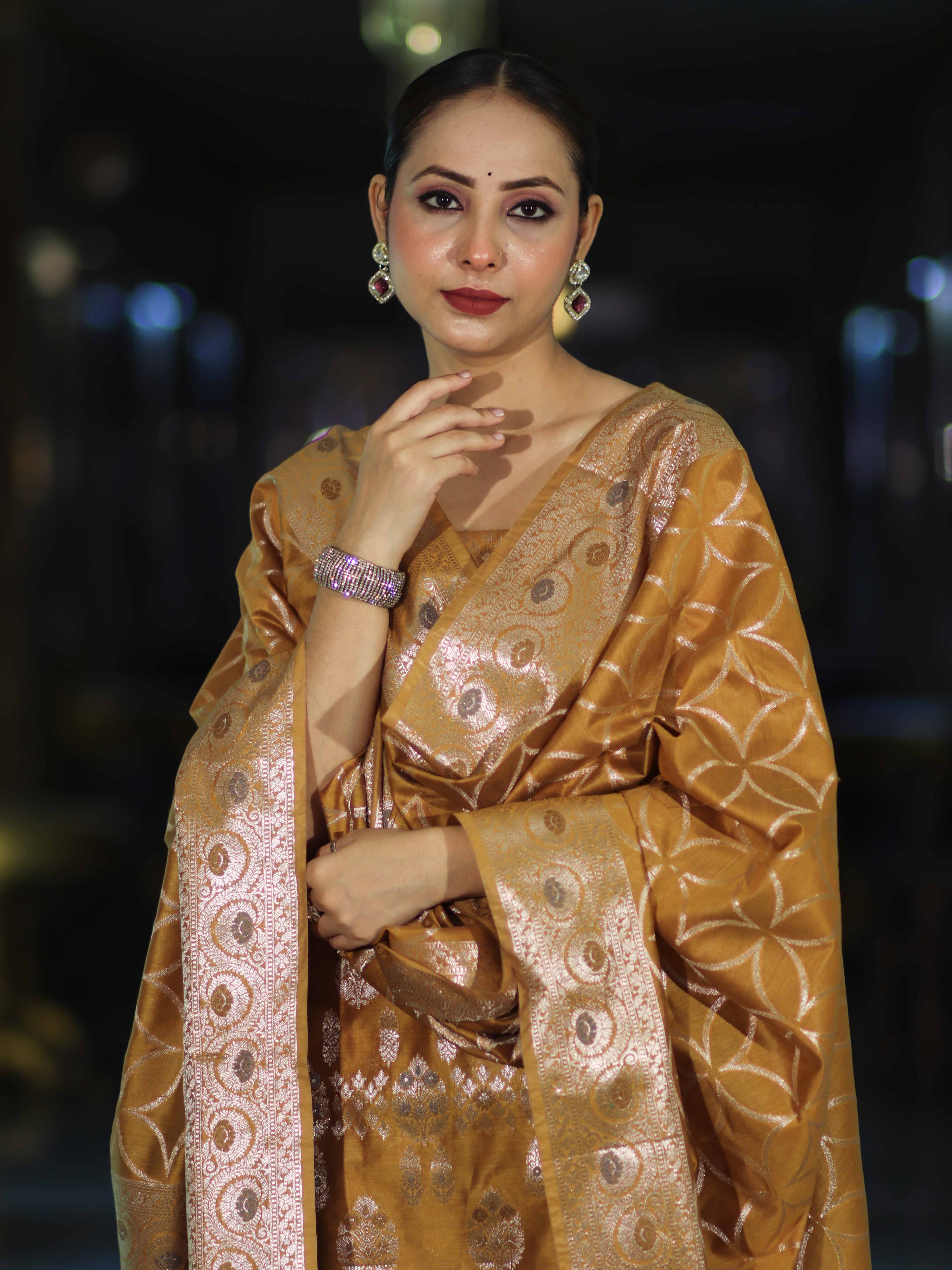 Banarasee Cotton Silk Zari Work Salwar Kameez Fabric With Dupatta Set-Mustard Yellow