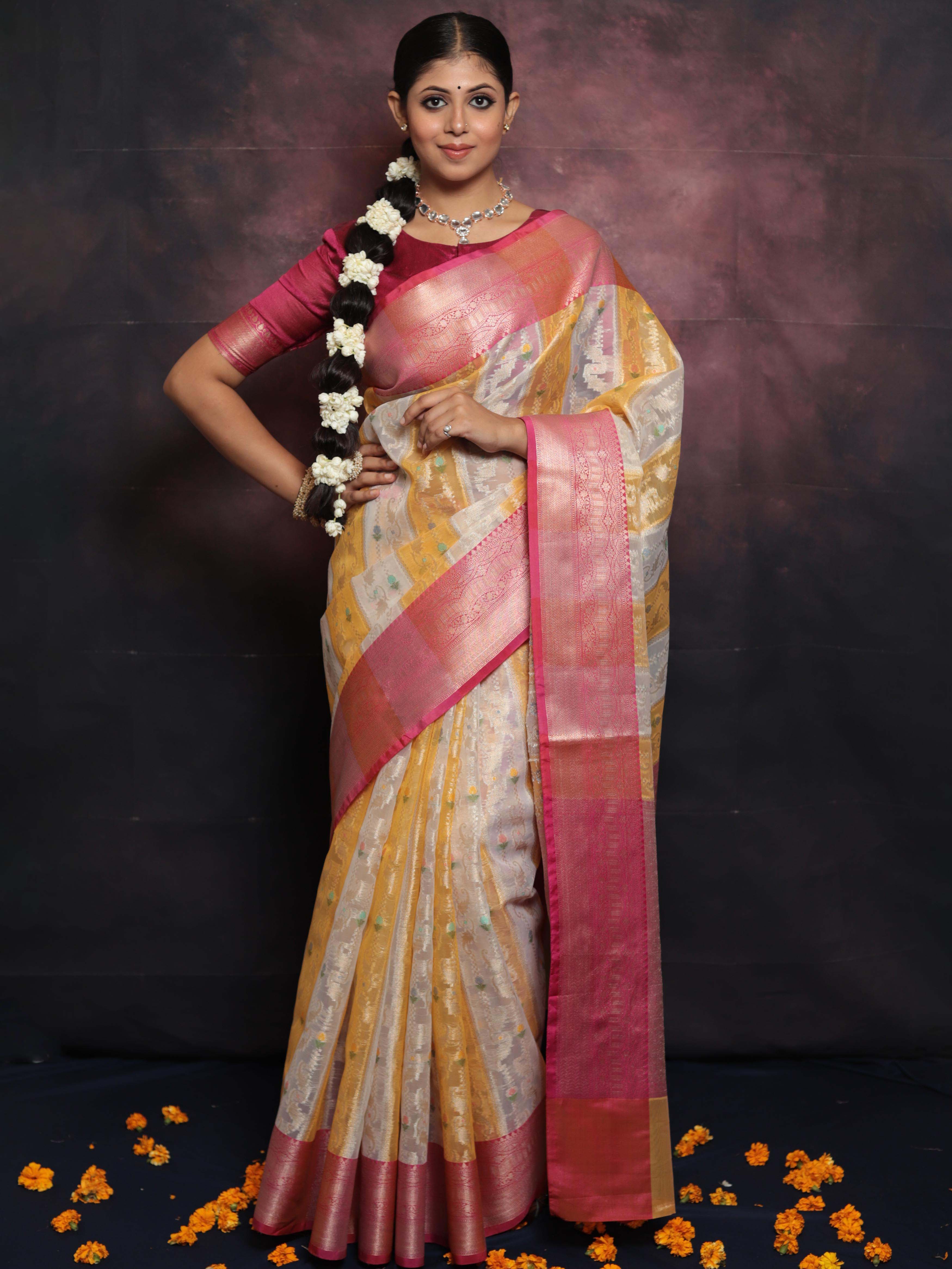 Banarasee Organza Mix Saree With Jaal Design & Floral Border-White & Yellow