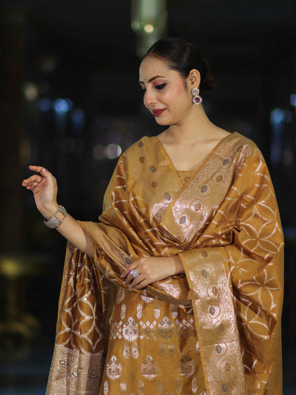 Banarasee Cotton Silk Zari Work Salwar Kameez Fabric With Dupatta Set-Mustard Yellow