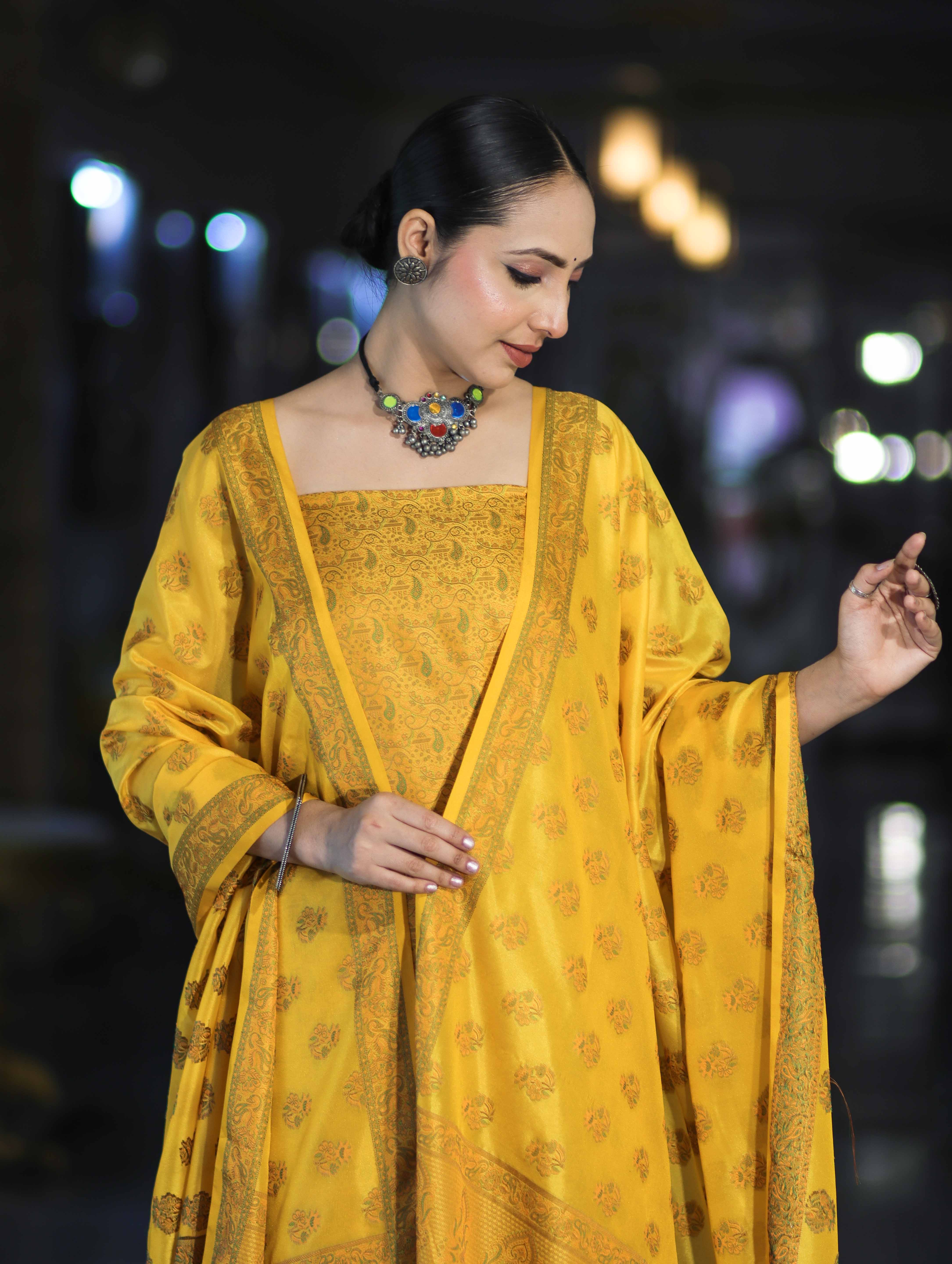 Banarasee Semi Katan Jamewar Weaving Salwar Kameez Fabric With Dupatta Set-Yellow