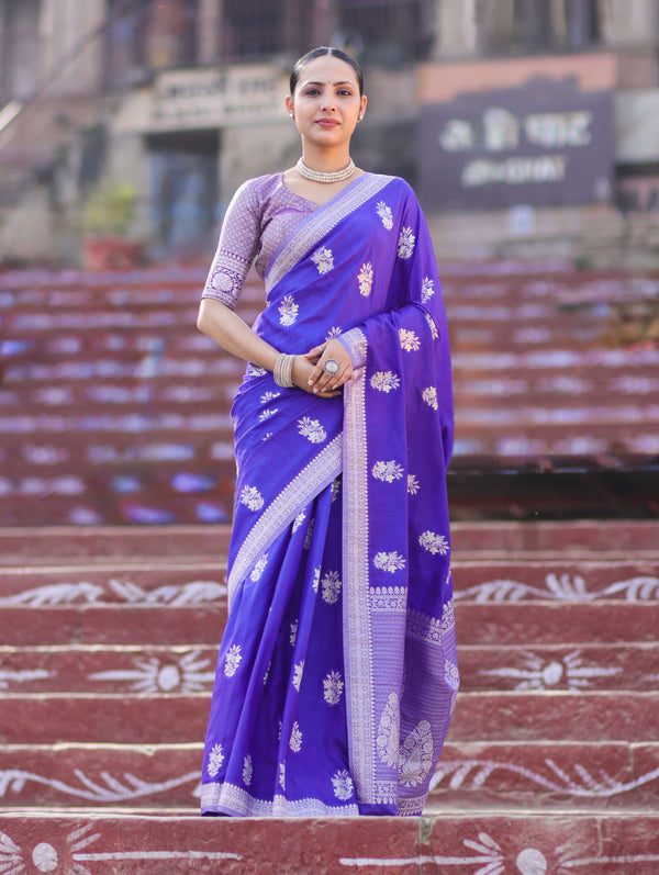 Banarasee Handloom Semi Silk Saree With Buta Design & Zari Border-Violet