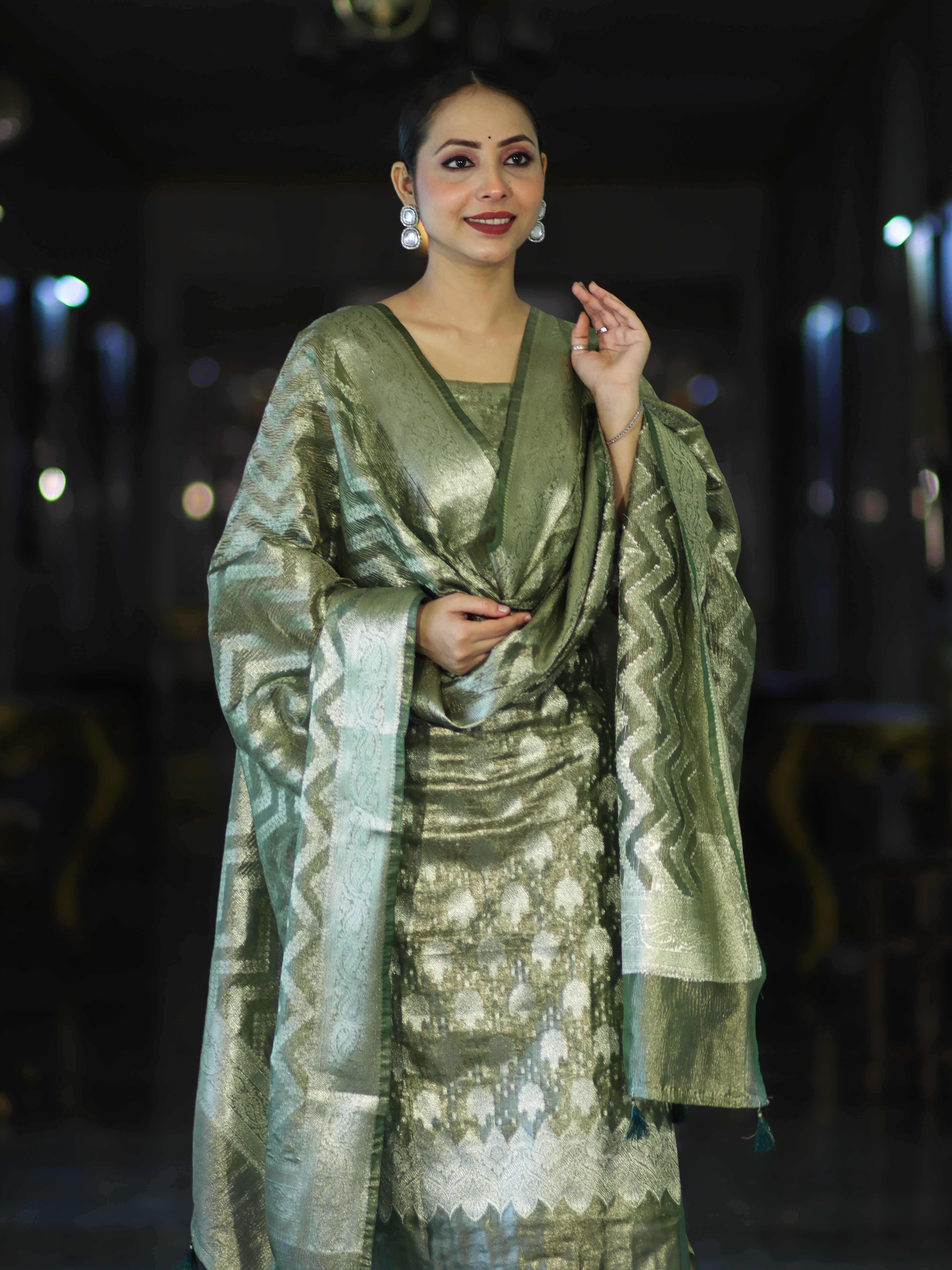 Banarasee Tissue Zari Work Salwar Kameez Fabric With Dupatta Set-Green