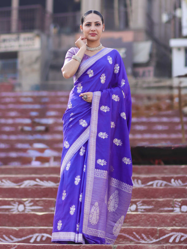 Banarasee Handloom Semi Silk Saree With Buta Design & Zari Border-Violet