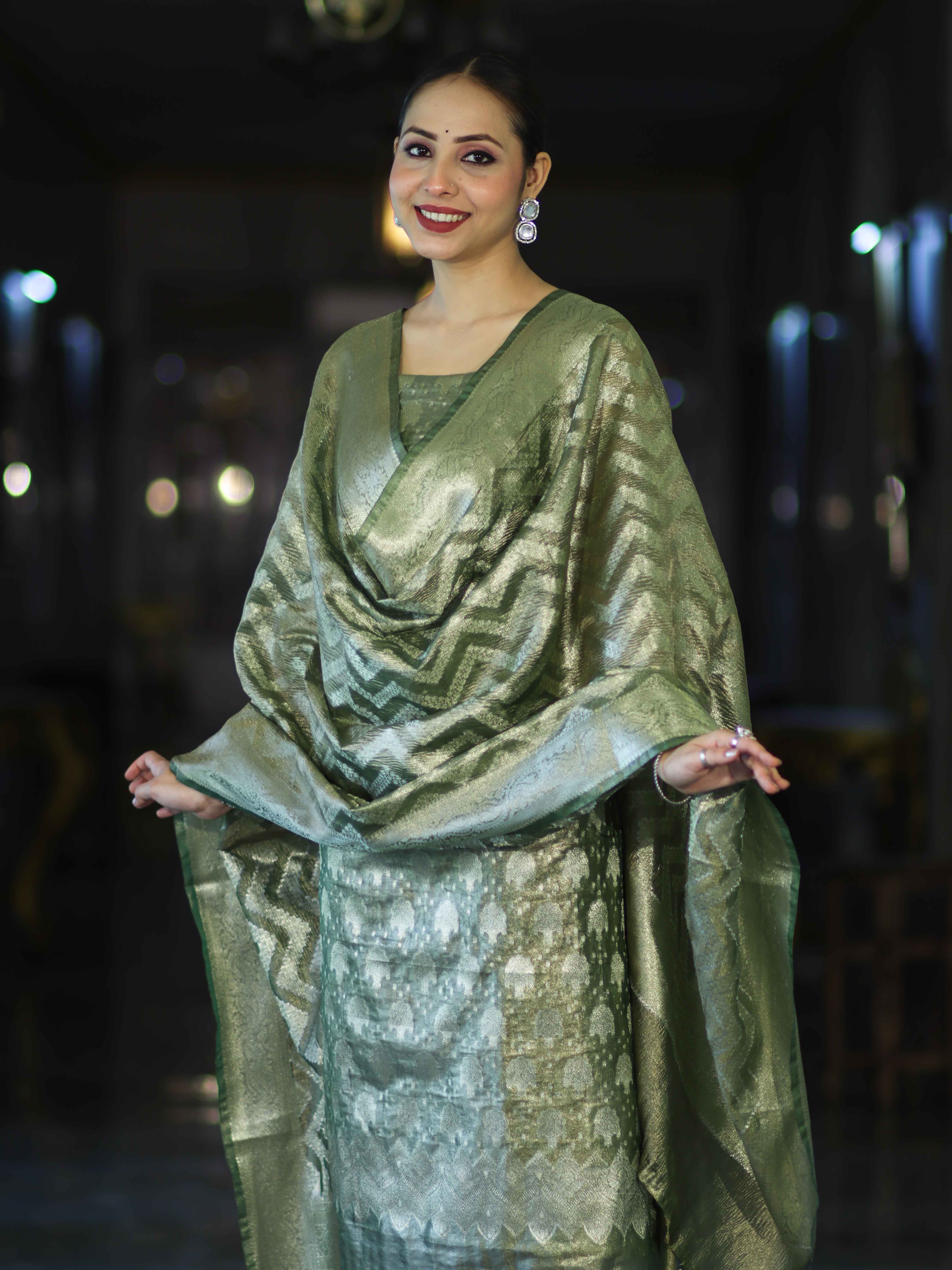 Banarasee Tissue Zari Work Salwar Kameez Fabric With Dupatta Set-Green