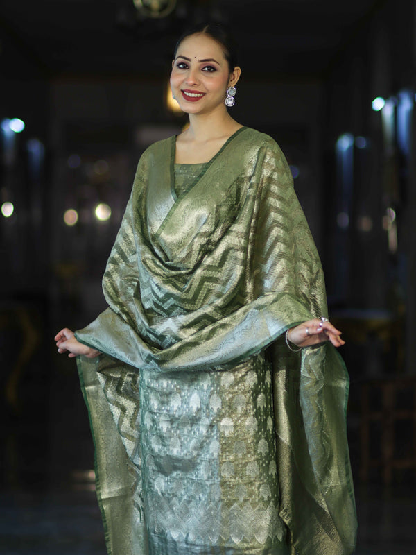 Banarasee Tissue Zari Work Salwar Kameez Fabric With Dupatta Set-Green