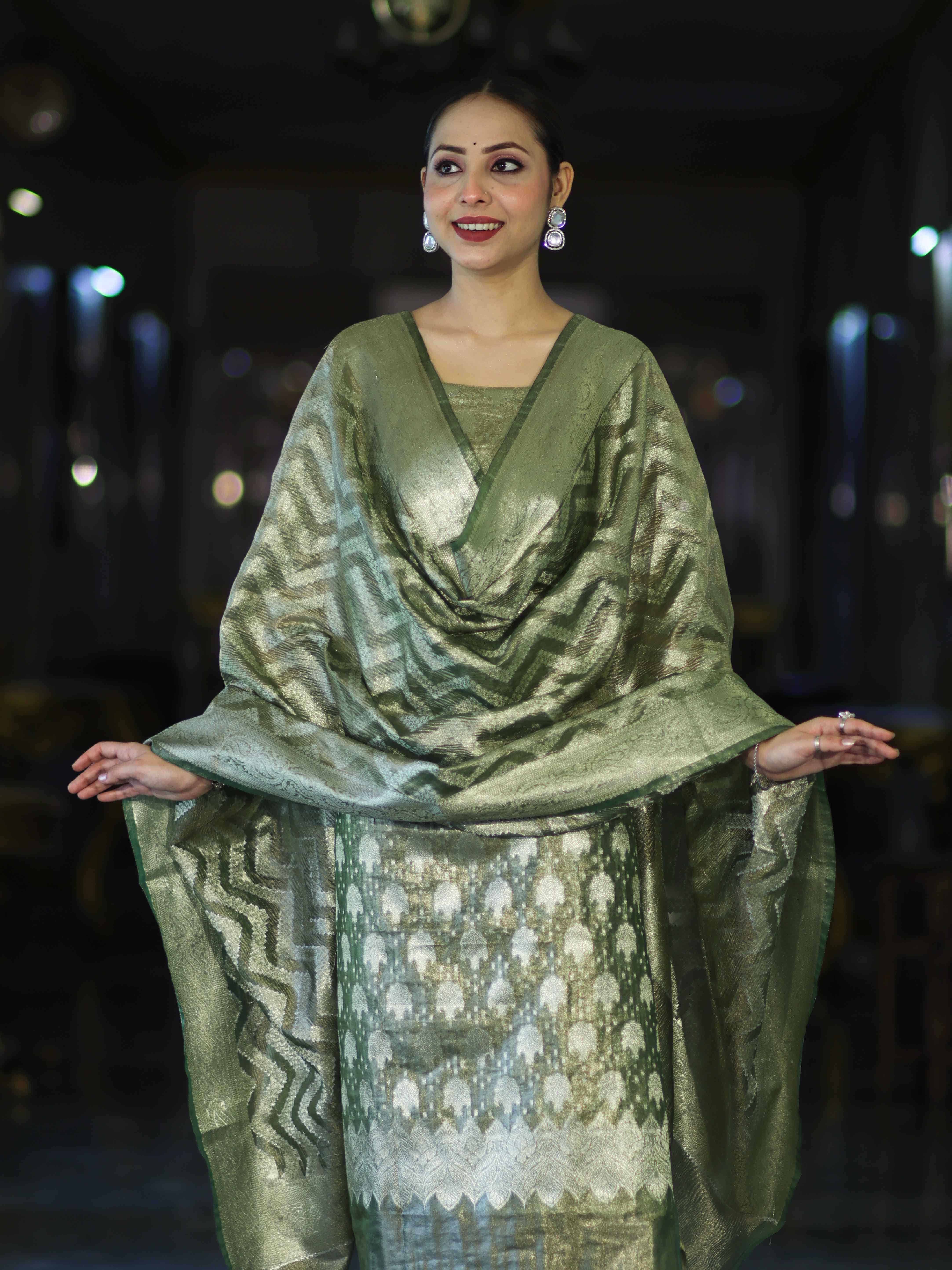 Banarasee Tissue Zari Work Salwar Kameez Fabric With Dupatta Set-Green