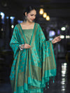 Banarasee Semi Katan Jamewar Weaving Salwar Kameez Fabric With Dupatta Set-Emerald Green