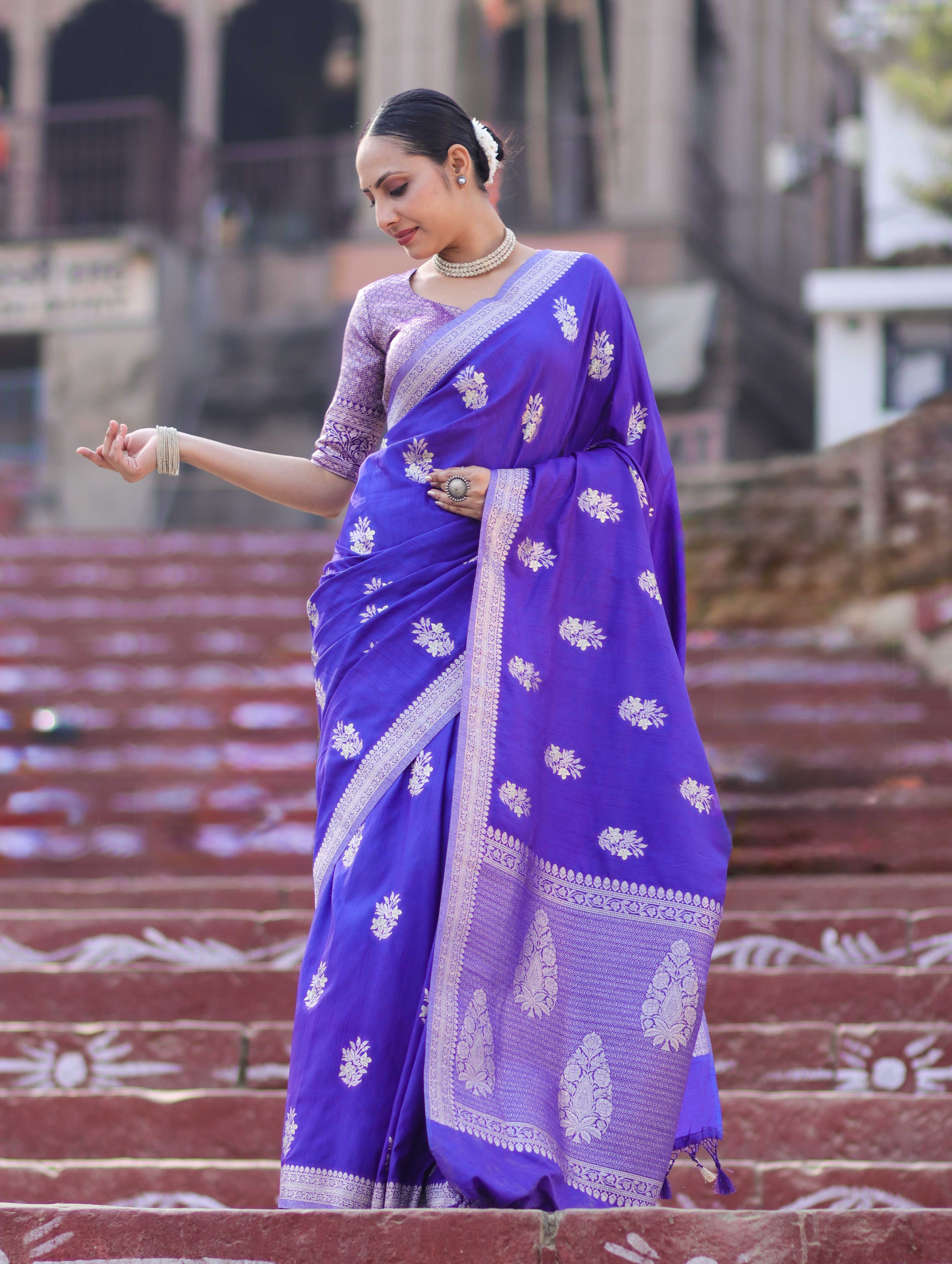 Banarasee Handloom Semi Silk Saree With Buta Design & Zari Border-Violet