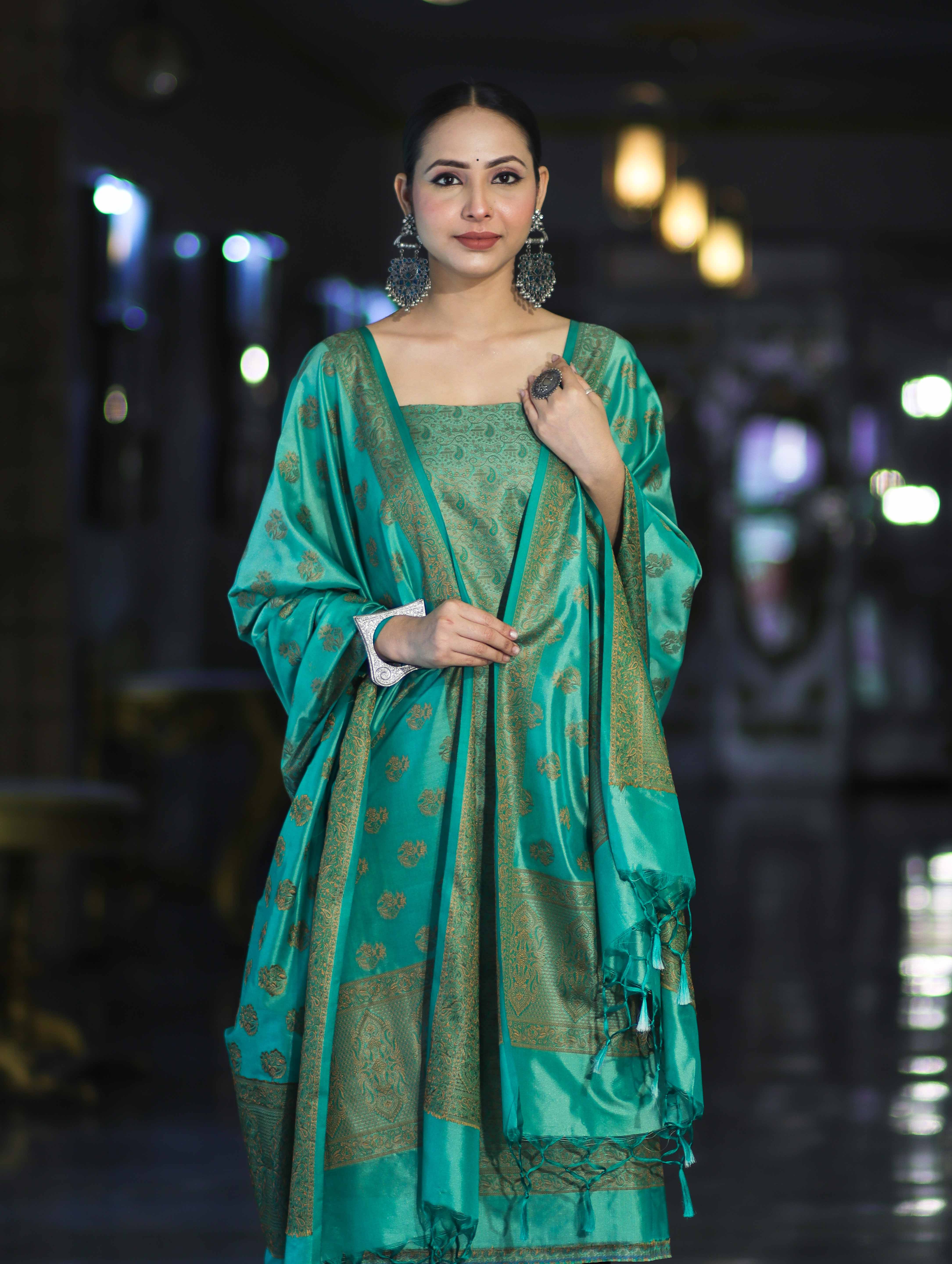 Banarasee Semi Katan Jamewar Weaving Salwar Kameez Fabric With Dupatta Set-Emerald Green