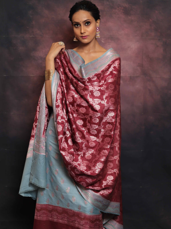 Banarasee Salwar Kameez Semi Katan Silk Fabric With Zari Work-Grey & Maroon