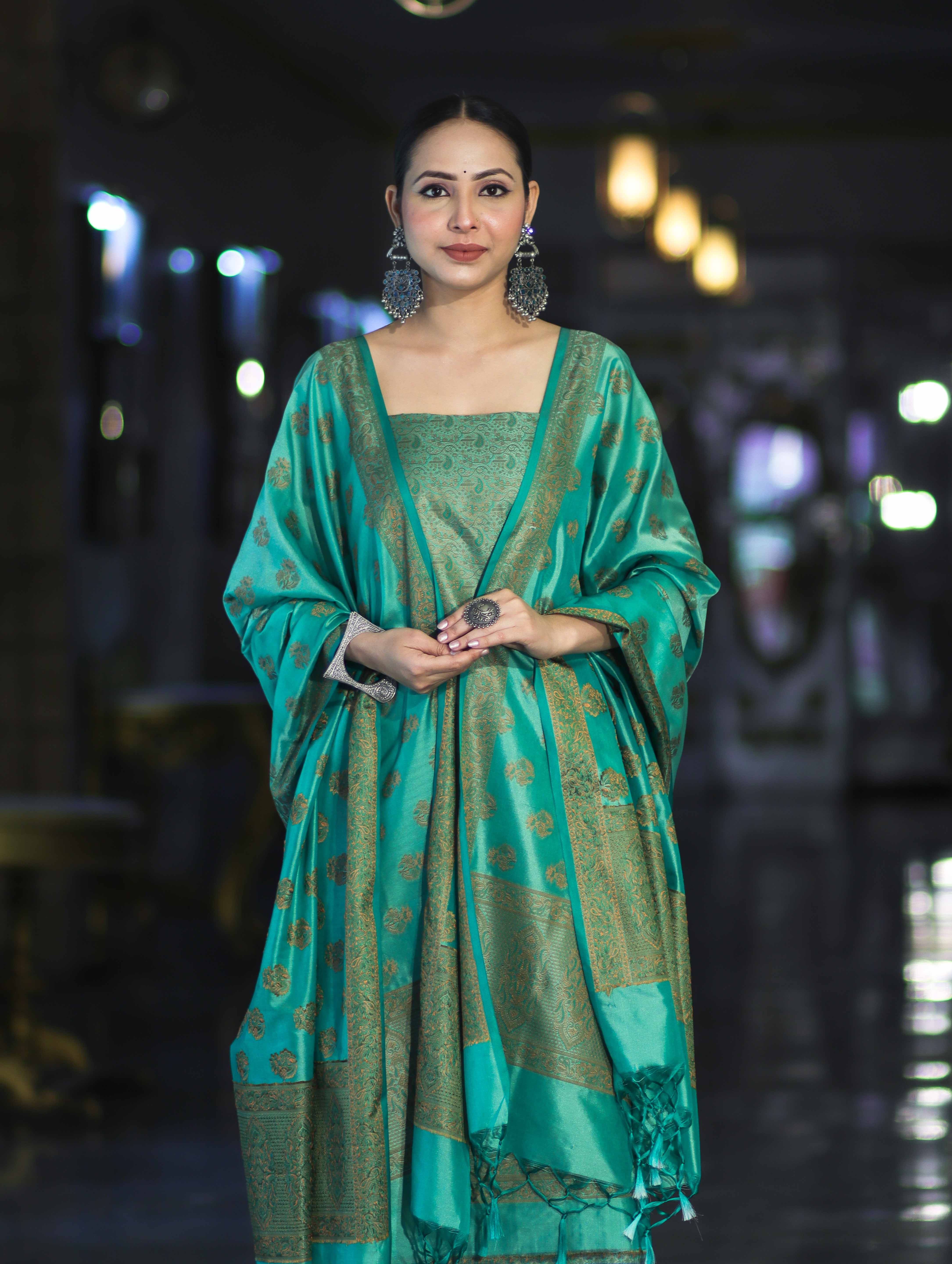 Banarasee Semi Katan Jamewar Weaving Salwar Kameez Fabric With Dupatta Set-Emerald Green