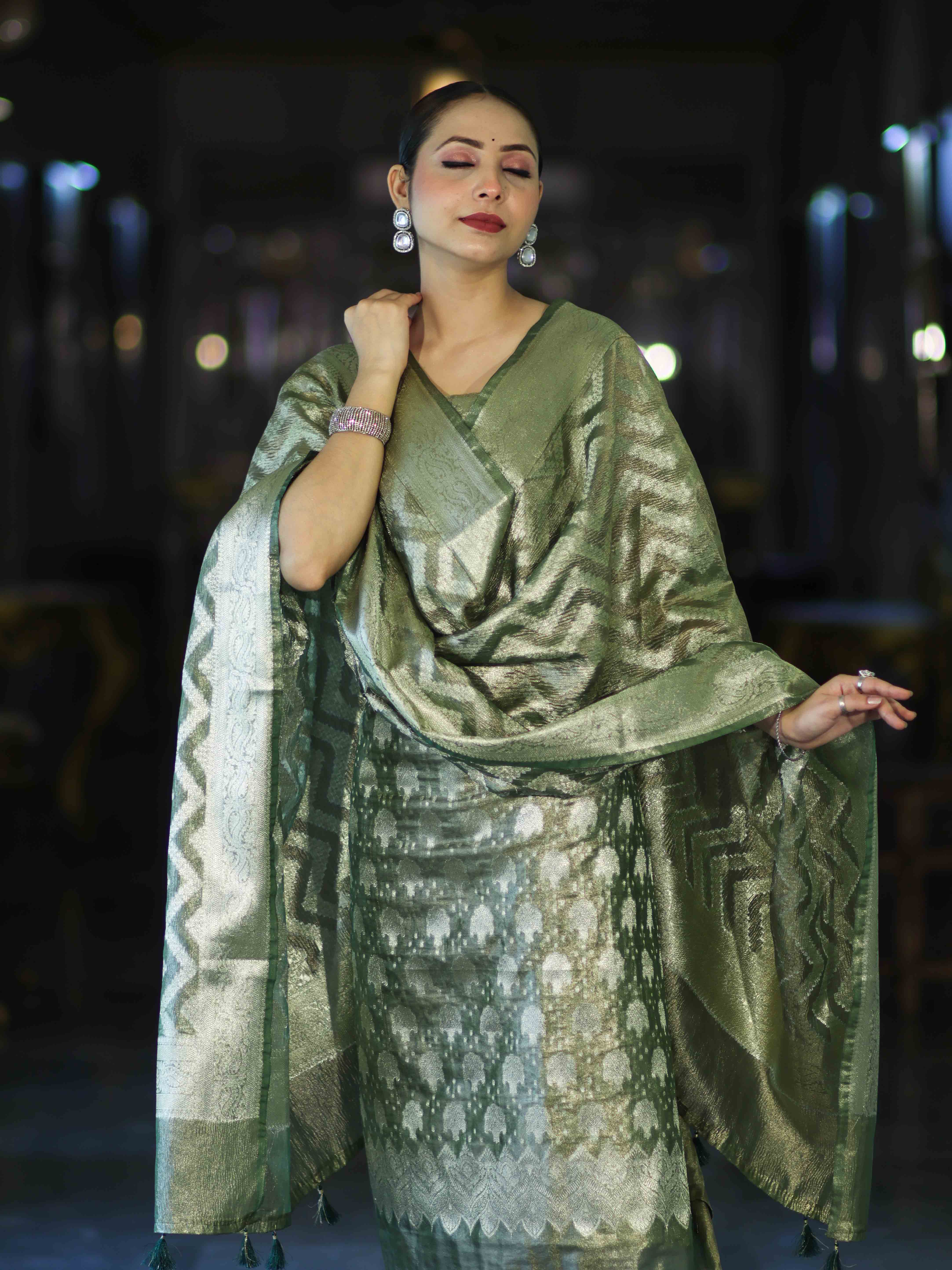 Banarasee Tissue Zari Work Salwar Kameez Fabric With Dupatta Set-Green