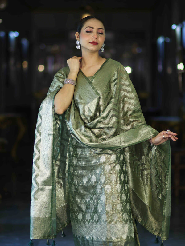Banarasee Tissue Zari Work Salwar Kameez Fabric With Dupatta Set-Green