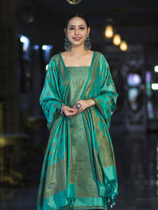 Banarasee Semi Katan Jamewar Weaving Salwar Kameez Fabric With Dupatta Set-Emerald Green