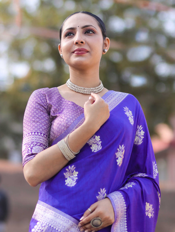 Banarasee Handloom Semi Silk Saree With Buta Design & Zari Border-Violet