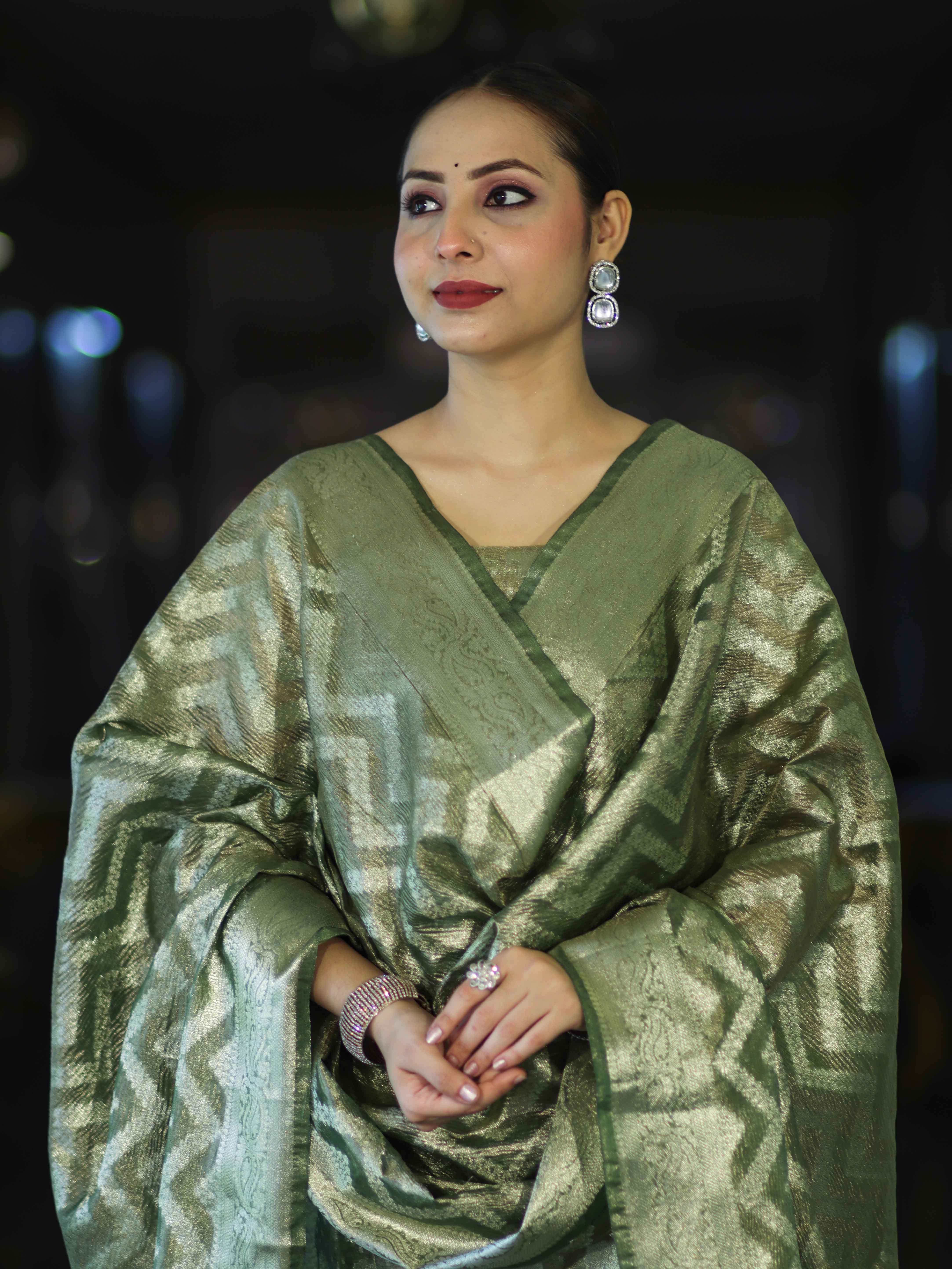 Banarasee Tissue Zari Work Salwar Kameez Fabric With Dupatta Set-Green