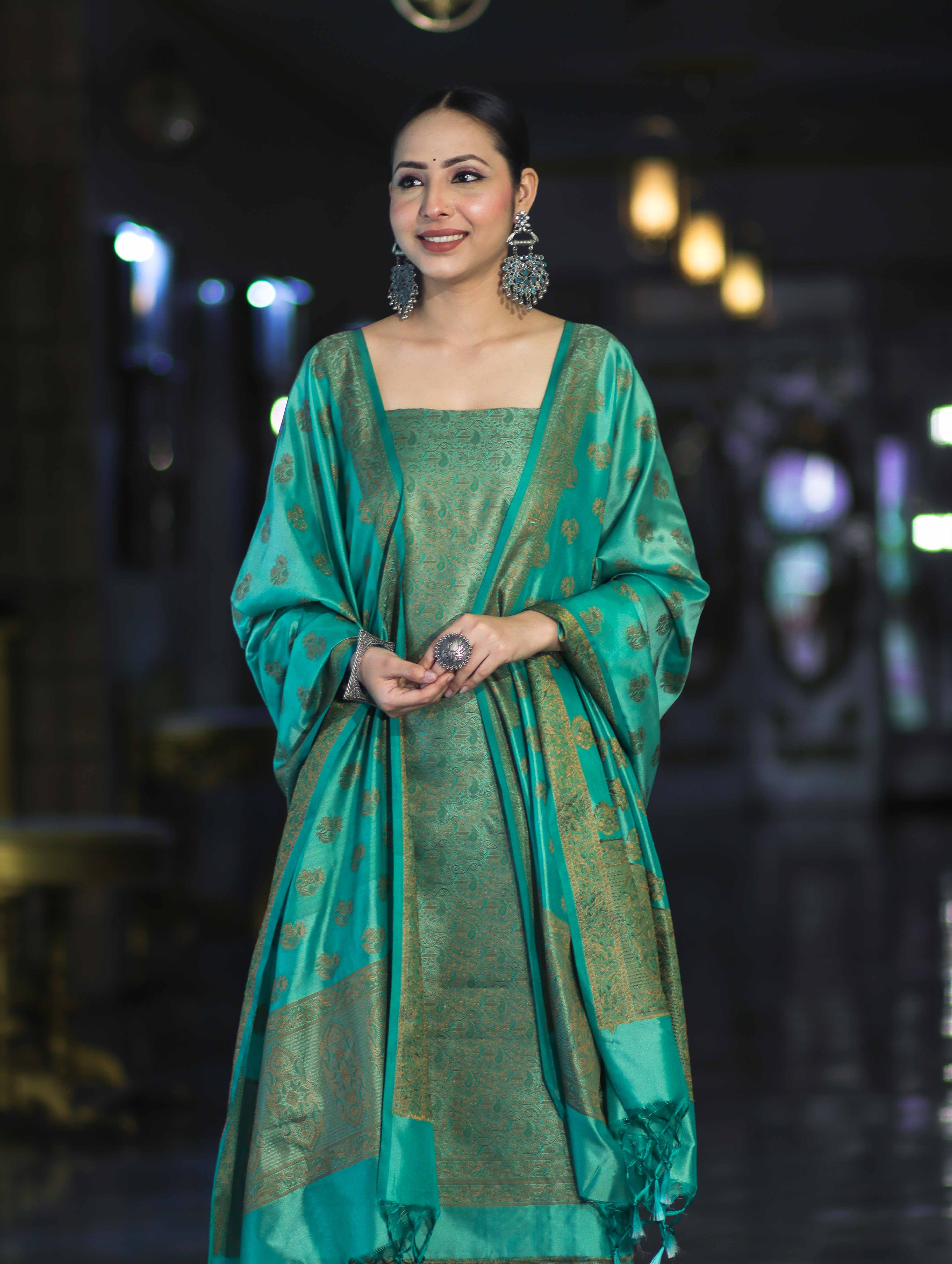 Banarasee Semi Katan Jamewar Weaving Salwar Kameez Fabric With Dupatta Set-Emerald Green