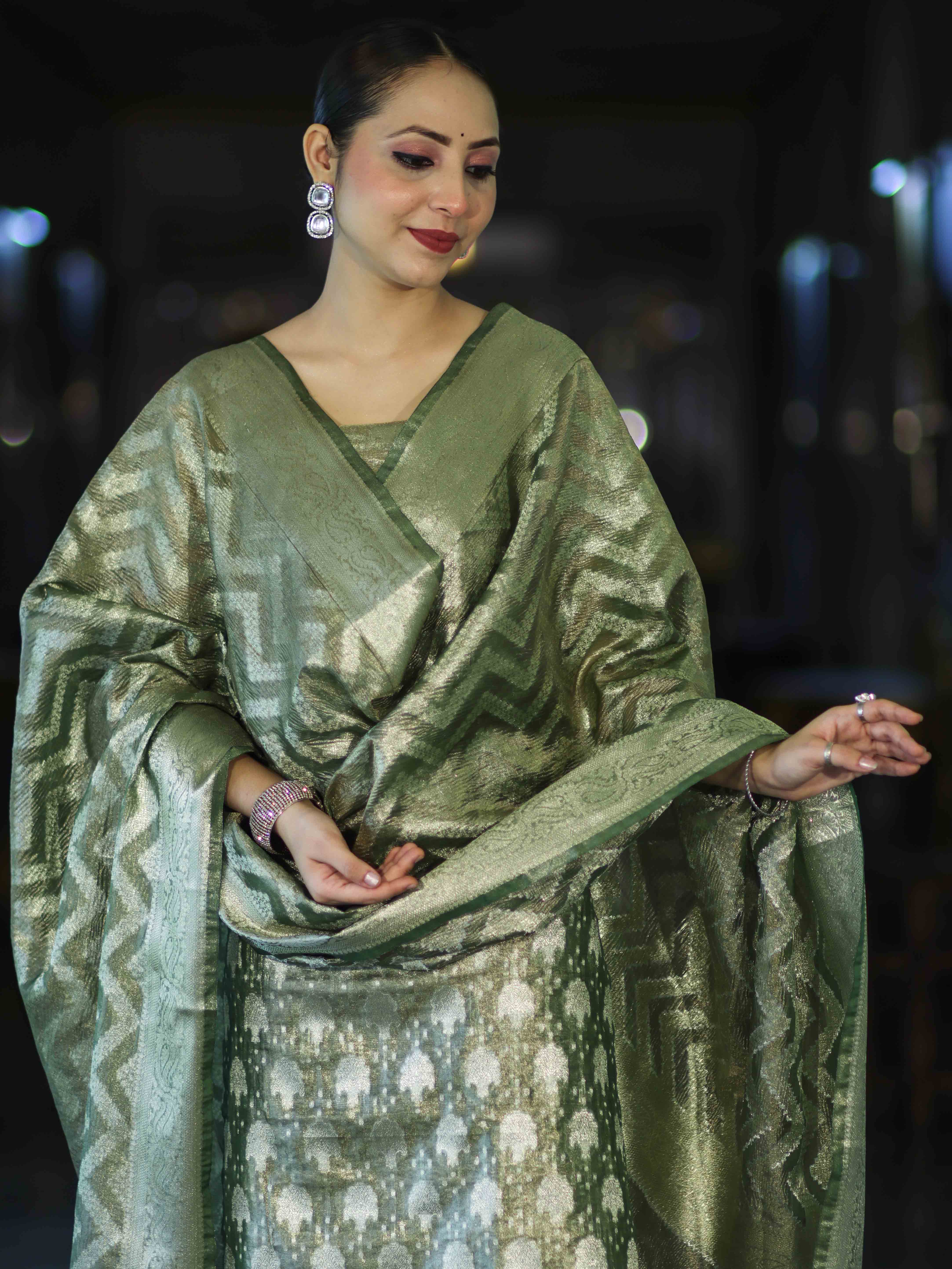 Banarasee Tissue Zari Work Salwar Kameez Fabric With Dupatta Set-Green