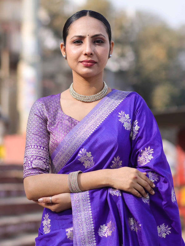 Banarasee Handloom Semi Silk Saree With Buta Design & Zari Border-Violet