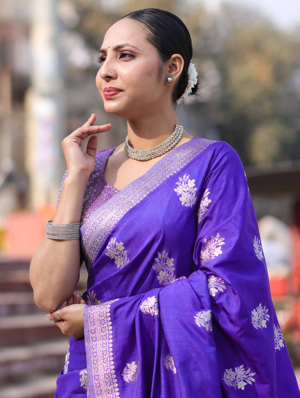 Banarasee Handloom Semi Silk Saree With Buta Design & Zari Border-Violet