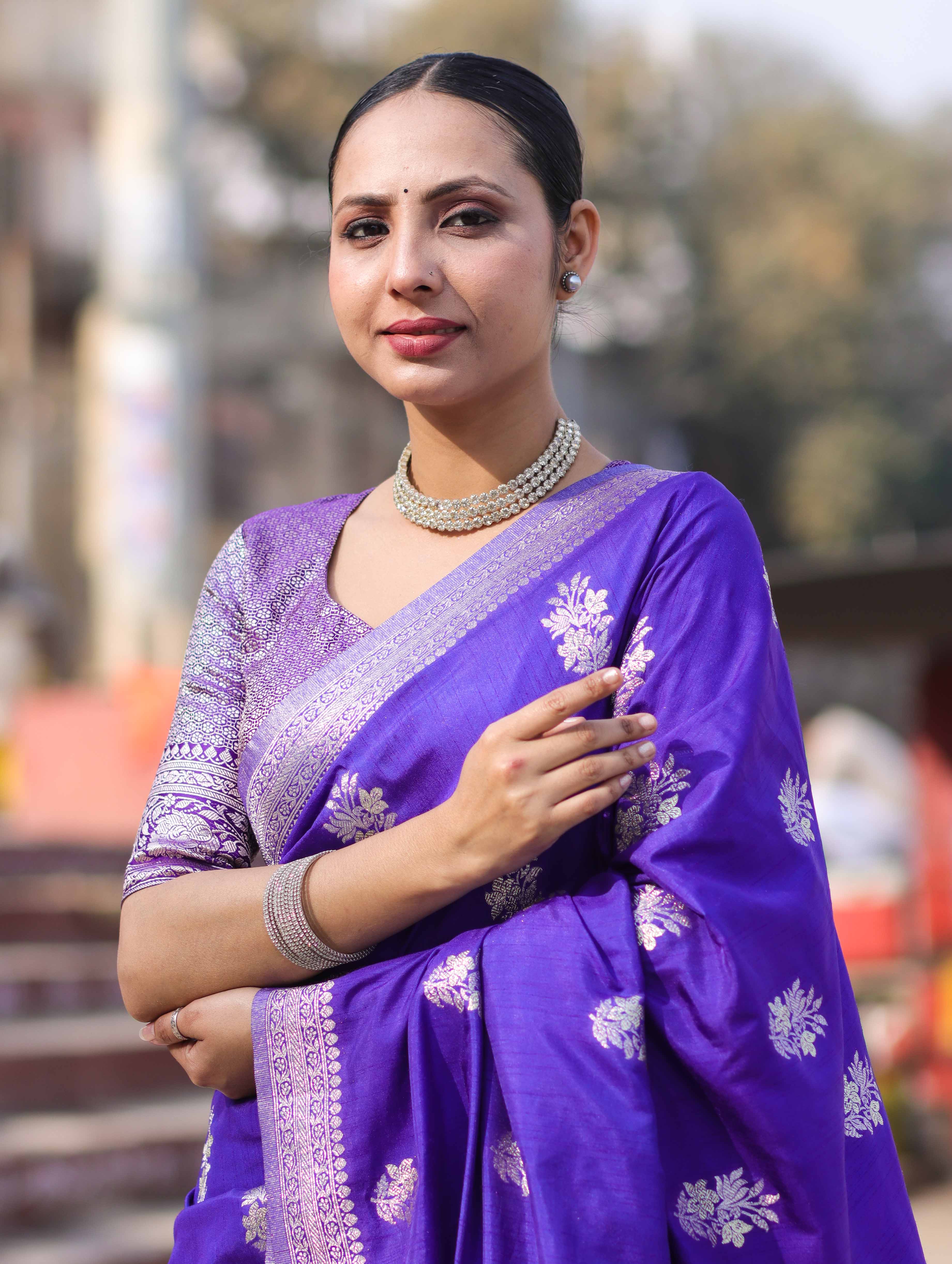 Banarasee Handloom Semi Silk Saree With Buta Design & Zari Border-Violet