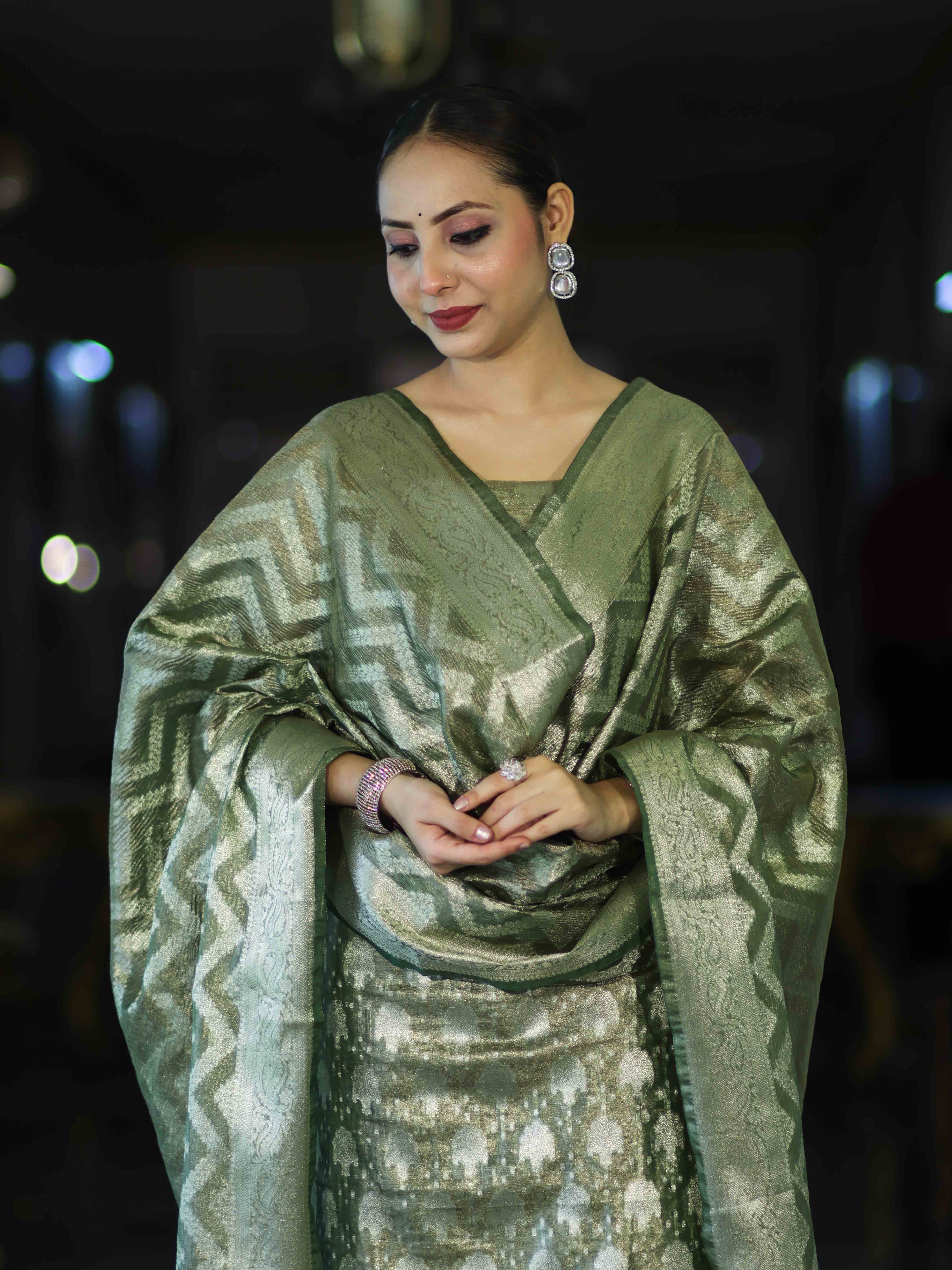 Banarasee Tissue Zari Work Salwar Kameez Fabric With Dupatta Set-Green