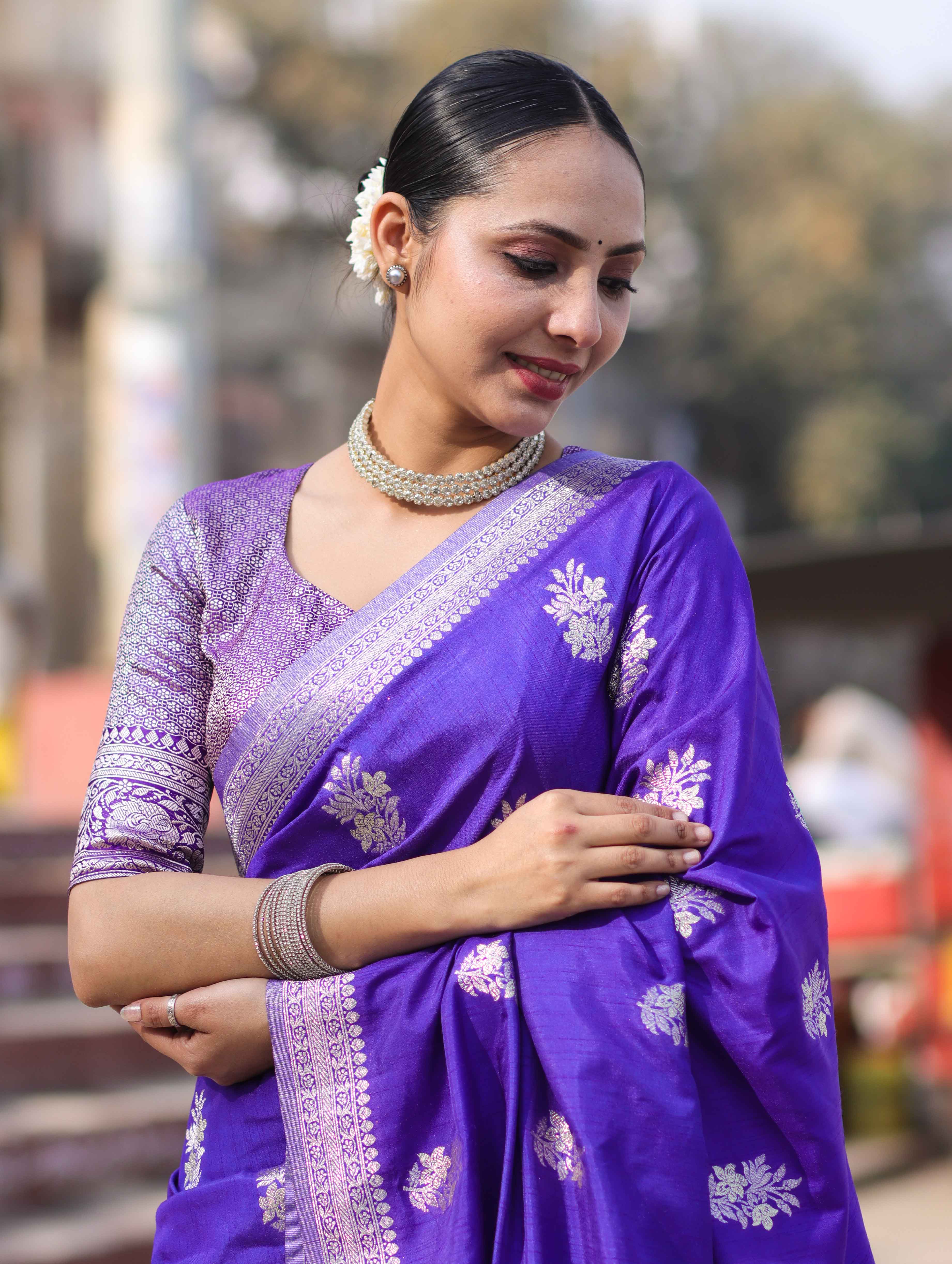 Banarasee Handloom Semi Silk Saree With Buta Design & Zari Border-Violet