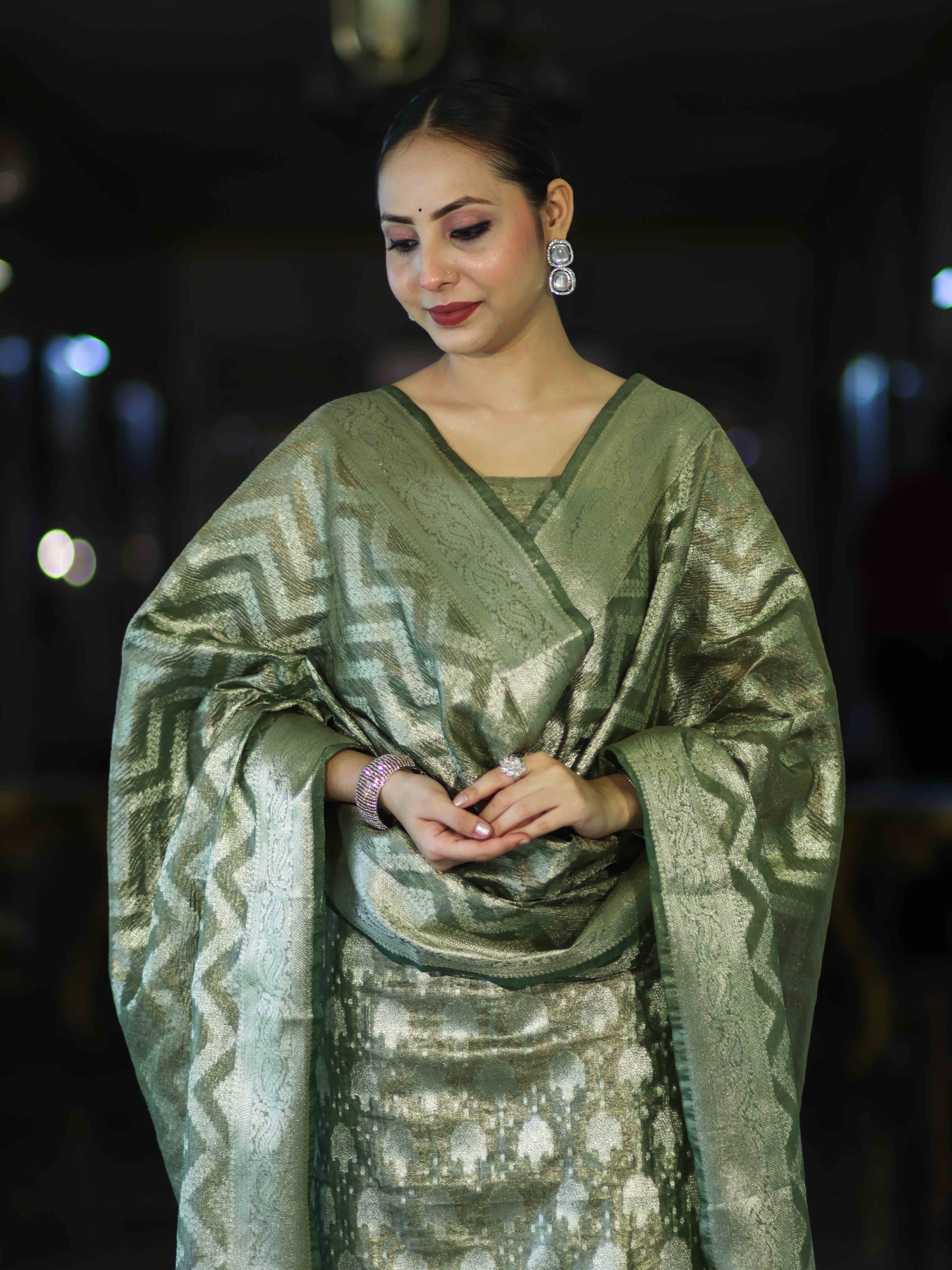 Banarasee Tissue Zari Work Salwar Kameez Fabric With Dupatta Set-Green