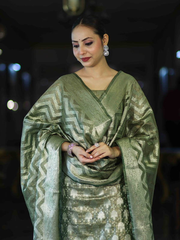 Banarasee Tissue Zari Work Salwar Kameez Fabric With Dupatta Set-Green