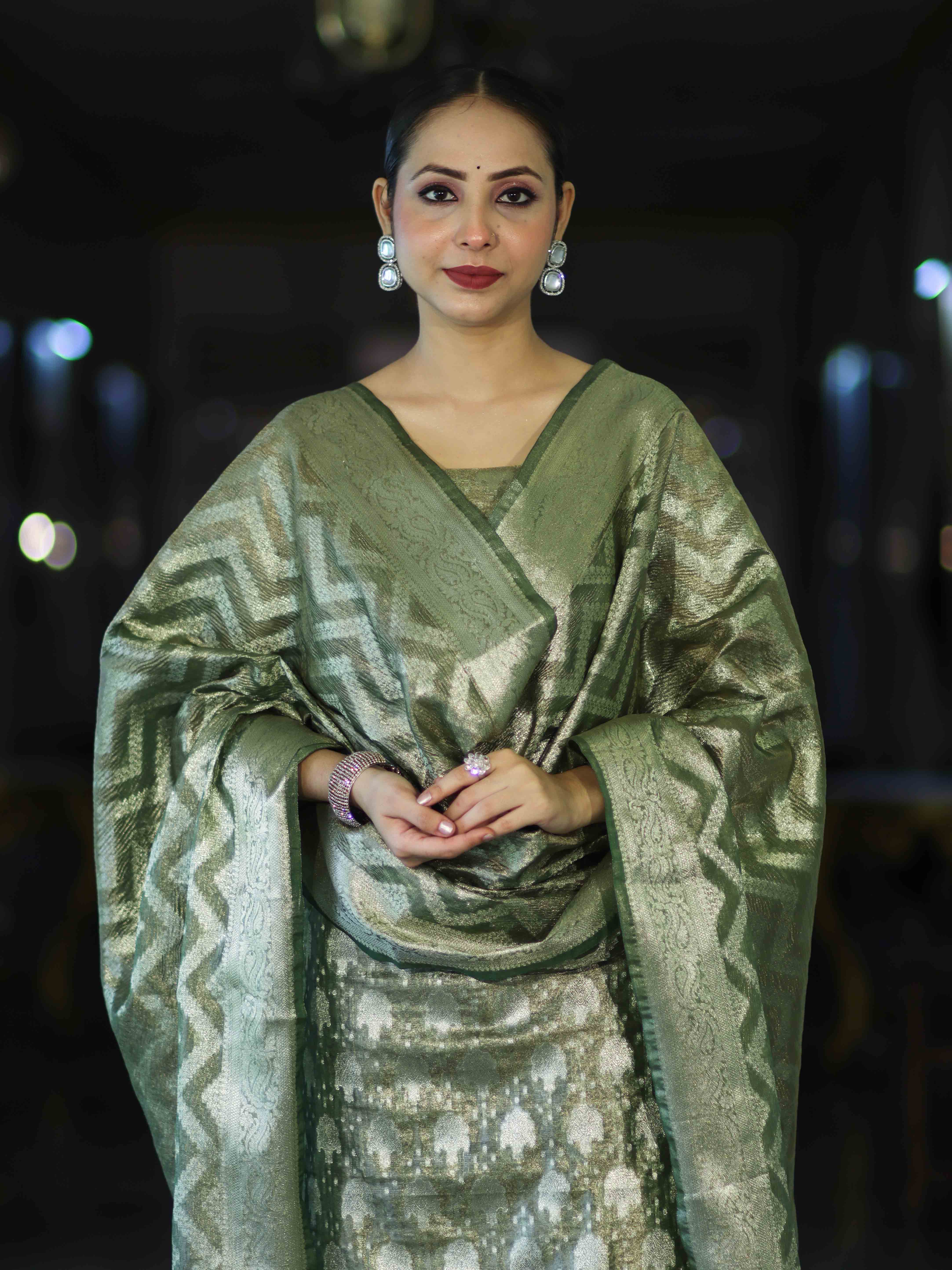 Banarasee Tissue Zari Work Salwar Kameez Fabric With Dupatta Set-Green