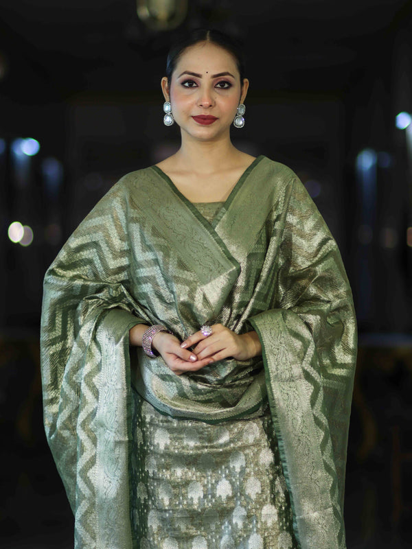 Banarasee Tissue Zari Work Salwar Kameez Fabric With Dupatta Set-Green