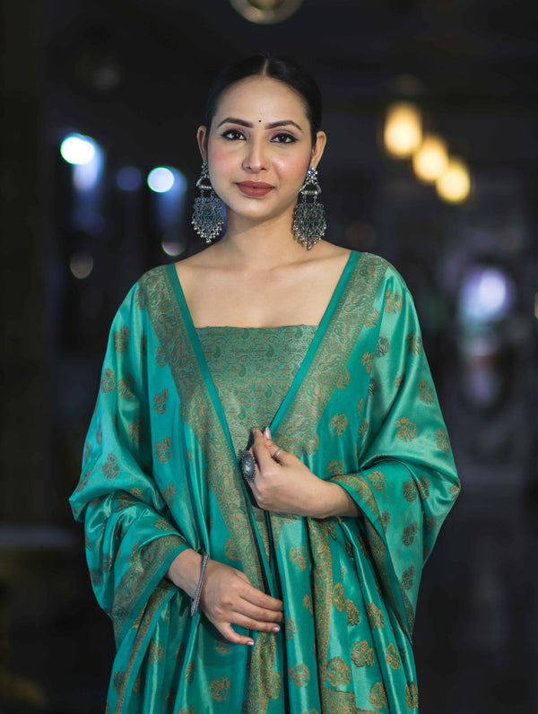 Banarasee Semi Katan Jamewar Weaving Salwar Kameez Fabric With Dupatta Set-Emerald Green
