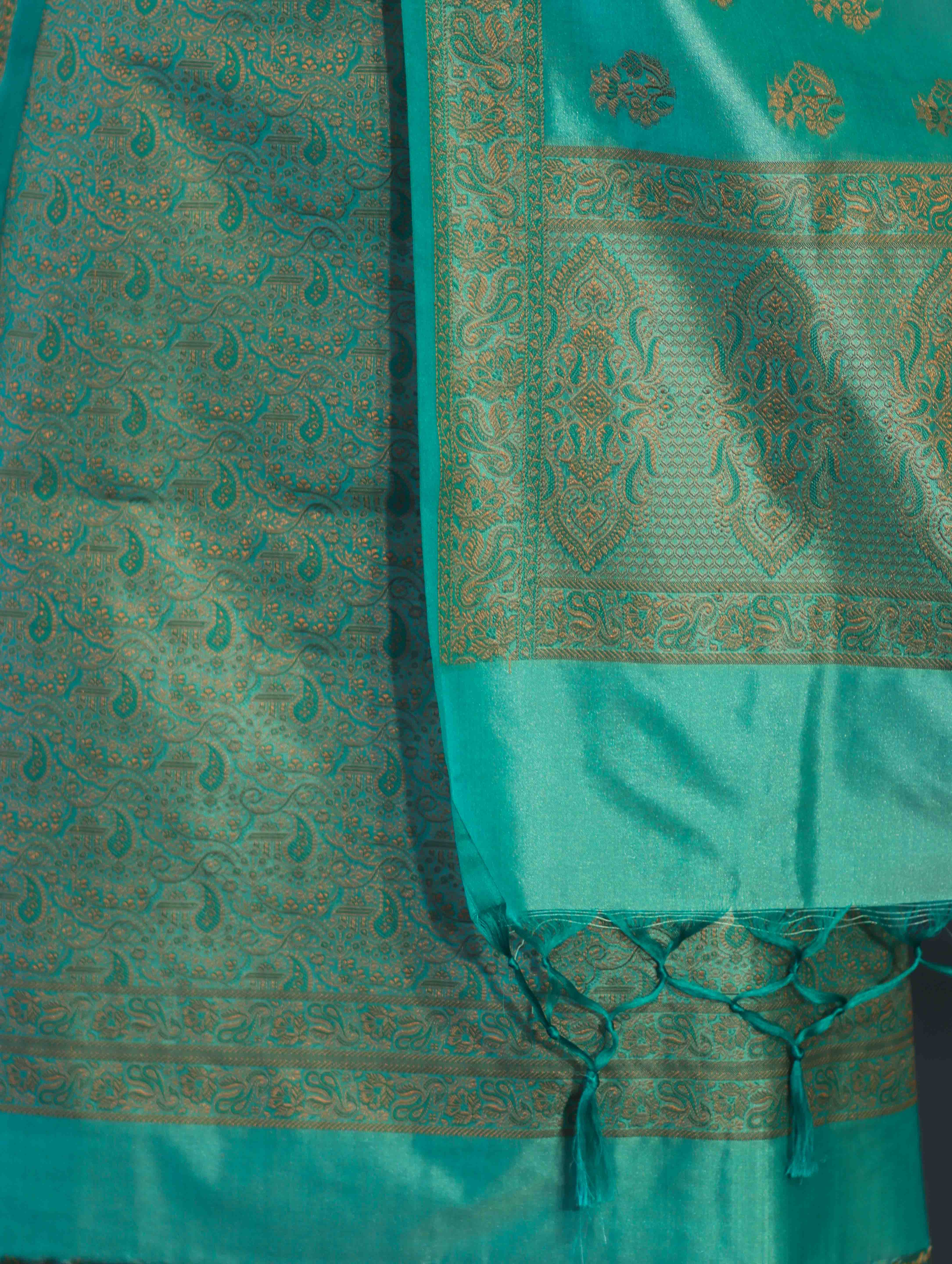 Banarasee Semi Katan Jamewar Weaving Salwar Kameez Fabric With Dupatta Set-Emerald Green
