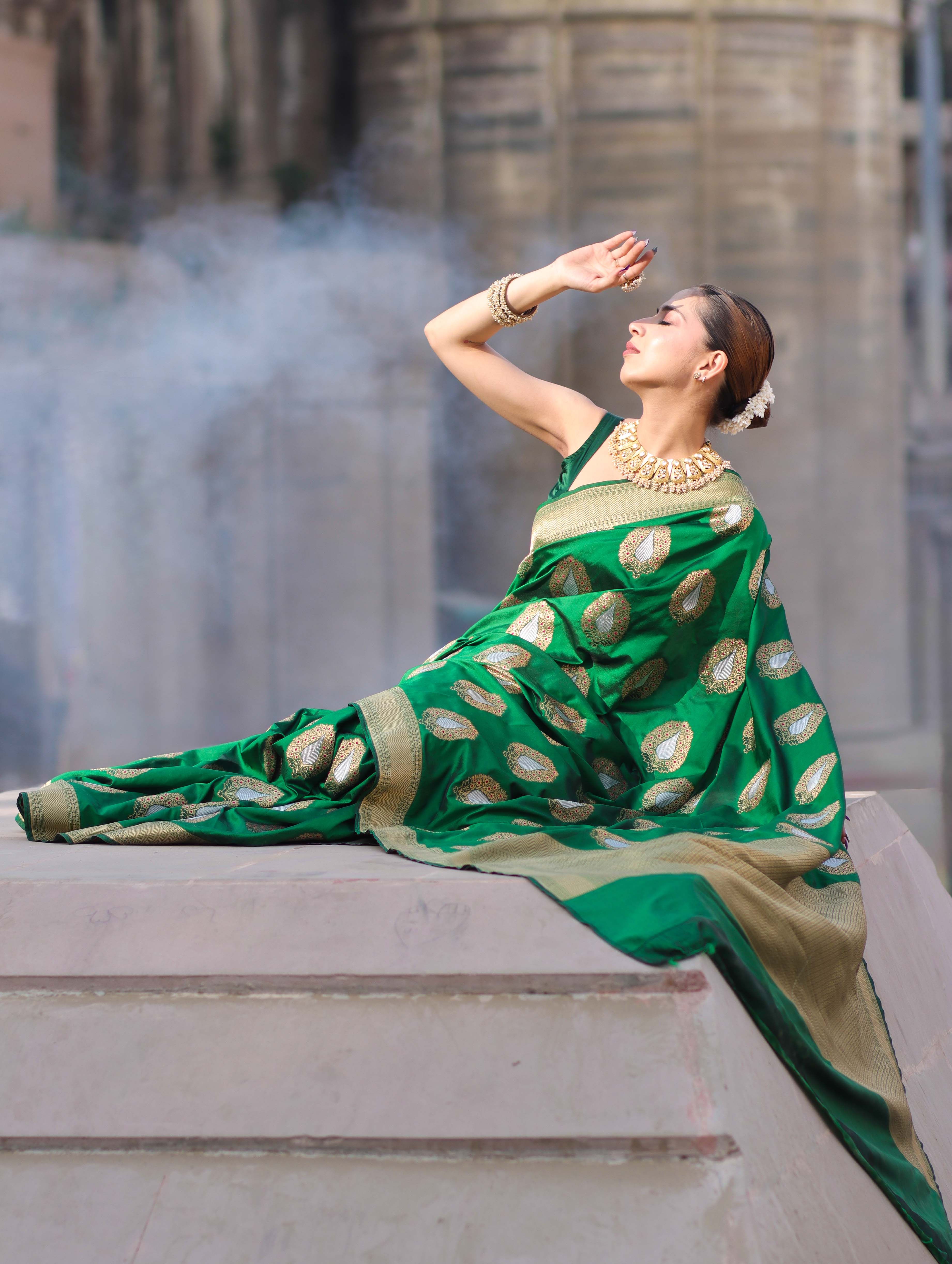 Banarasee Handloom Semi Katan Saree With Zari Buta Work & Border-Green