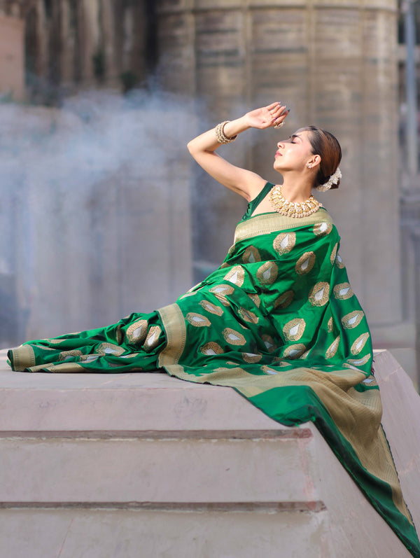 Banarasee Handloom Semi Katan Saree With Zari Buta Work & Border-Green