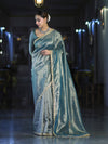Banarasee Handwoven Tissue Saree With Handwoven Pearl Motifs & Lace-Light Blue