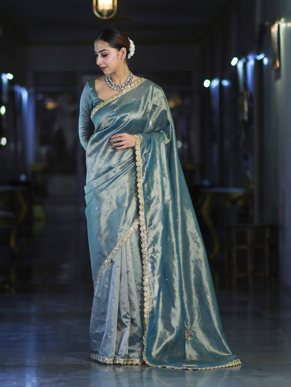 Banarasee Handwoven Tissue Saree With Handwoven Pearl Motifs & Lace-Light Blue