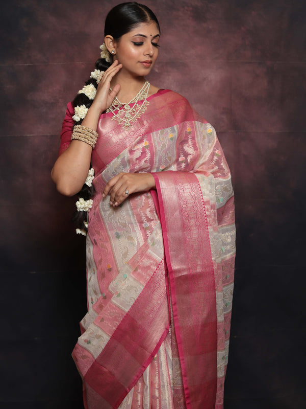 Banarasee Organza Mix Saree With Jaal Design & Floral Border-White & Pink